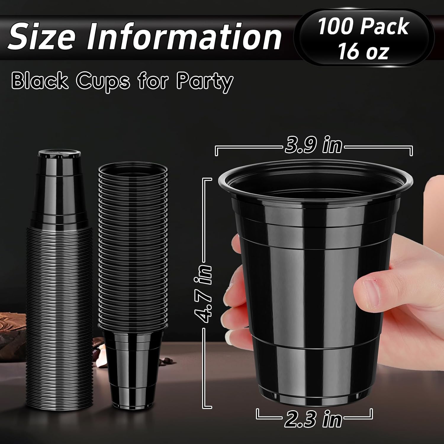 Dualshine 100 Pack Black 16 oz Plastic Cups for Parties