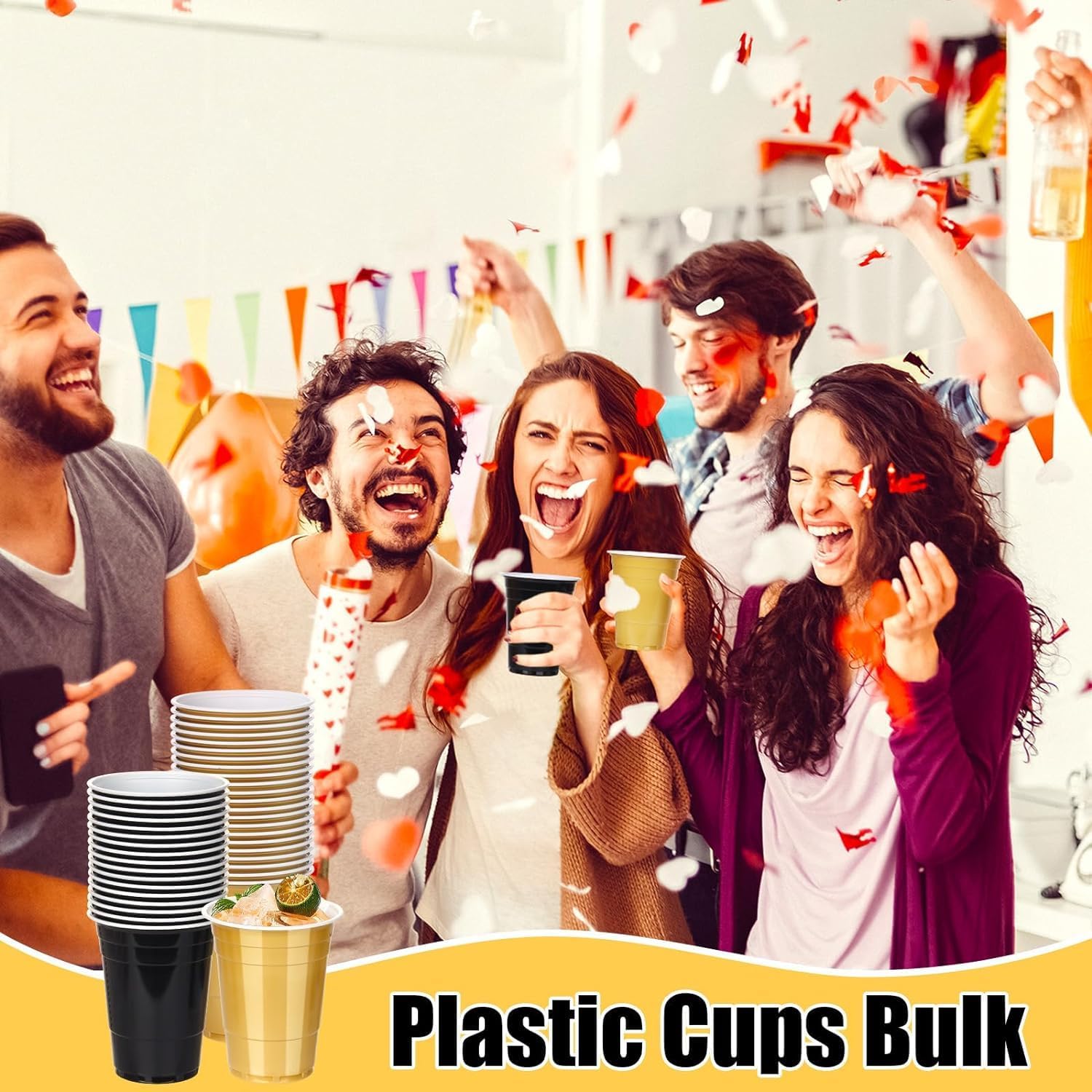 KesaPlan 100PCS 16 oz Plastic Party Cups Black Gold