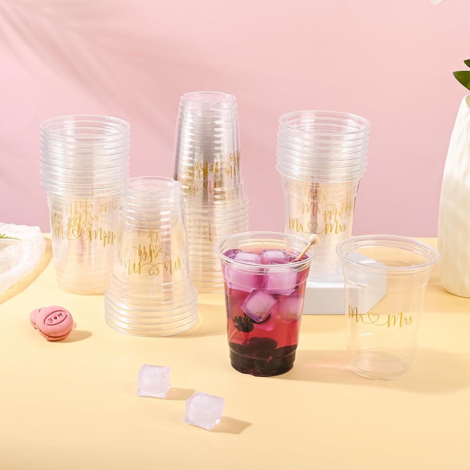 100Pcs Mr and Mrs Disposable Plastic Cups Wedding Reception 12oz Clear Drinkware