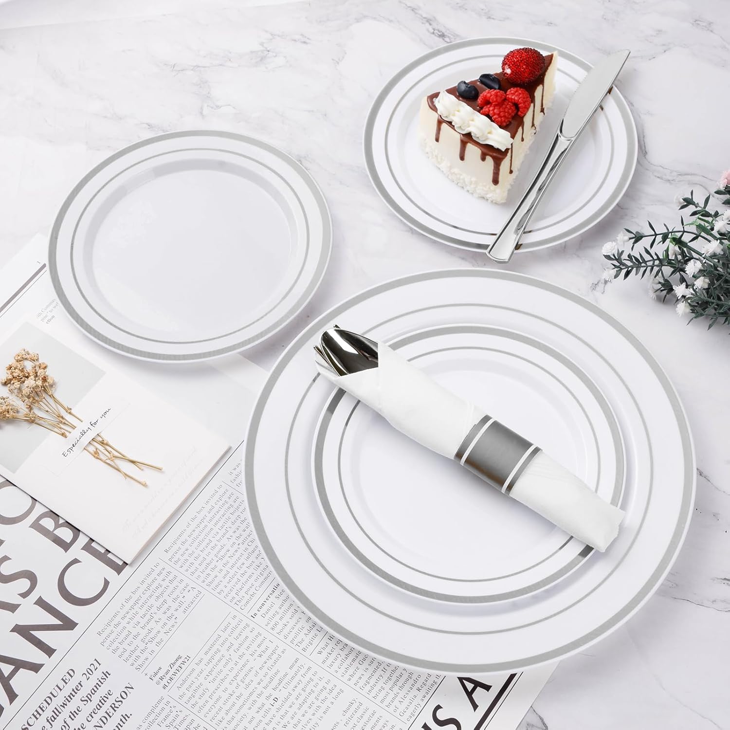350PCS Silver Plastic Dinnerware Set for 50 Guests