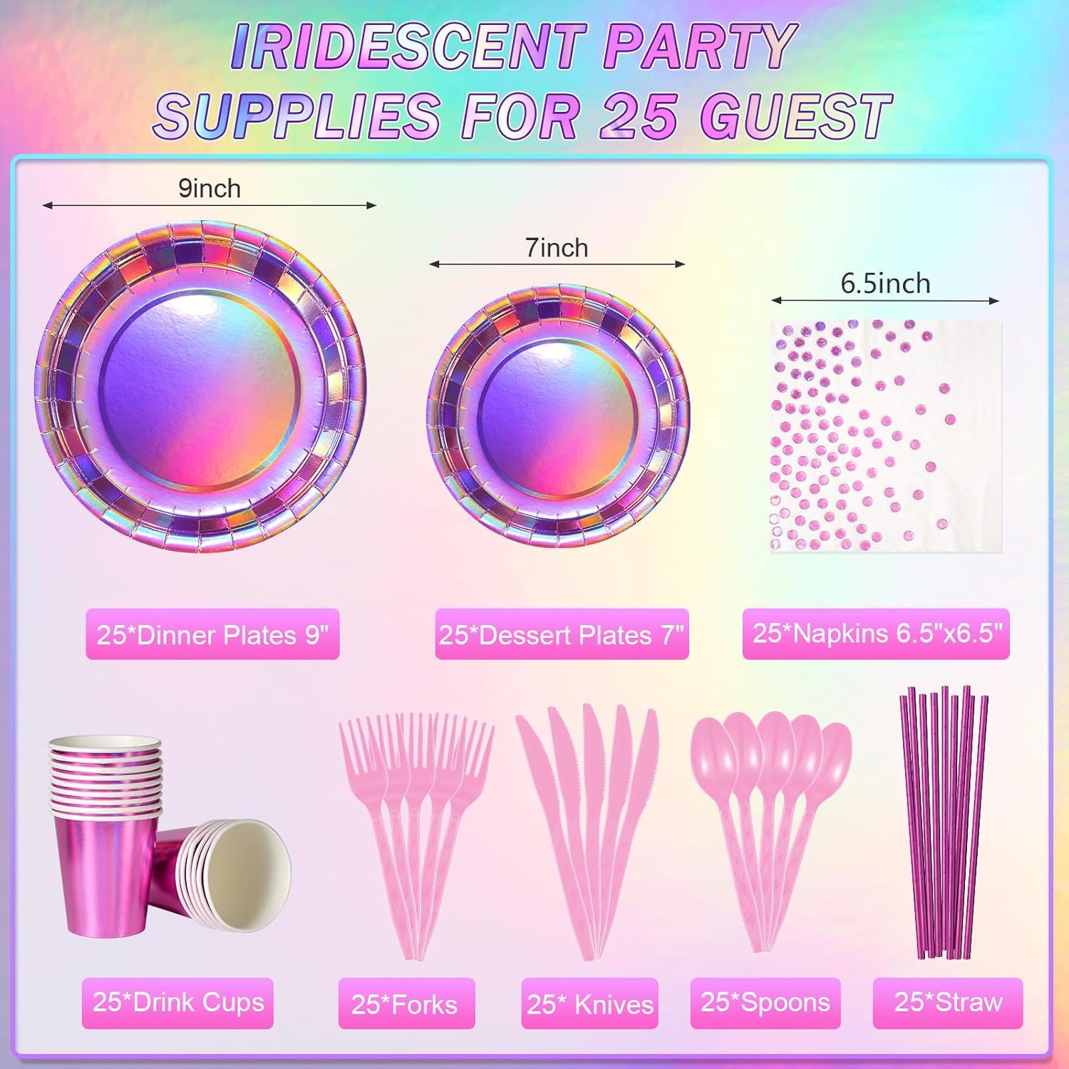 FunnyPars Iridescent Pink Party Plates Set for 25 Guests