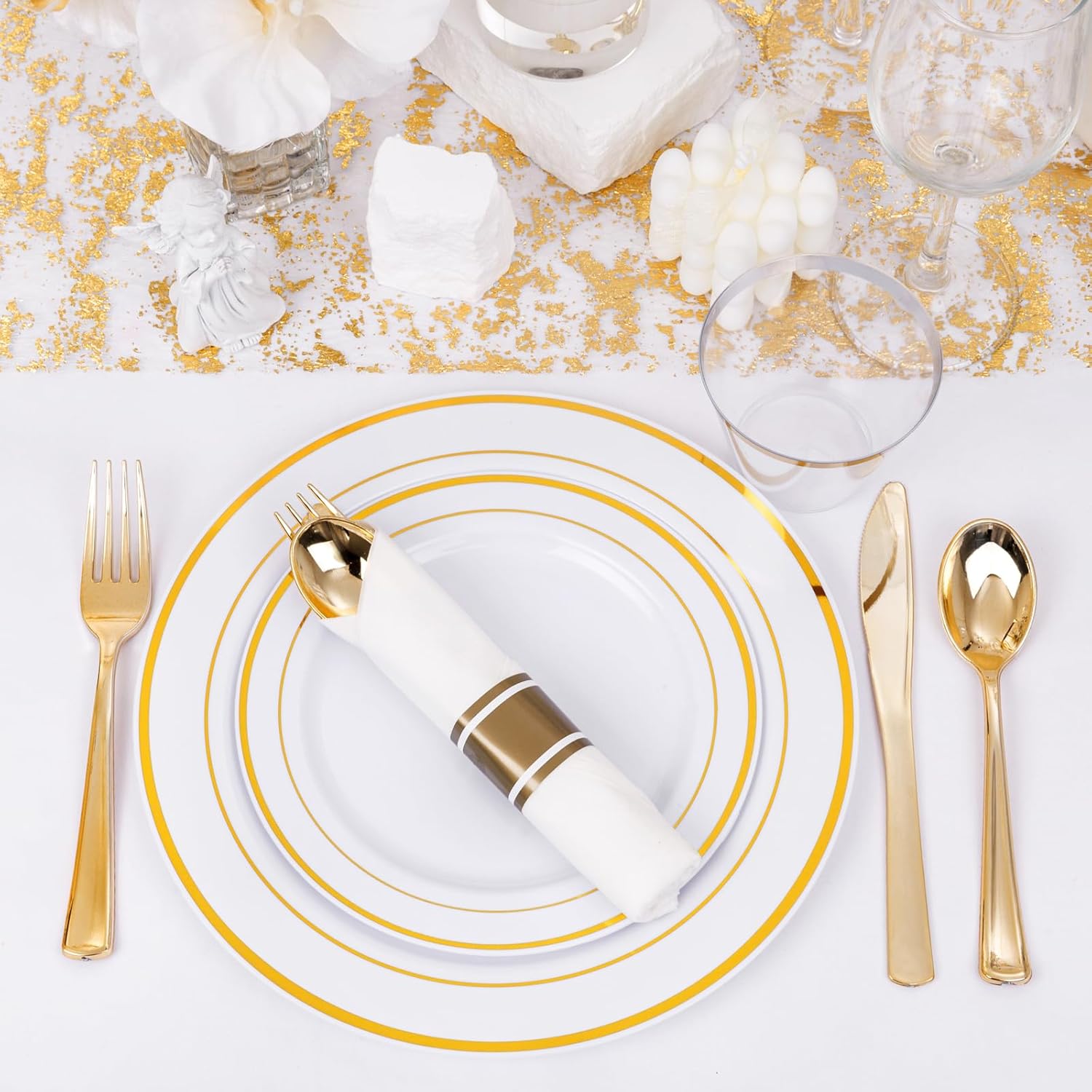 WELLIFE 350-Piece Gold Disposable Plates Cutlery Set