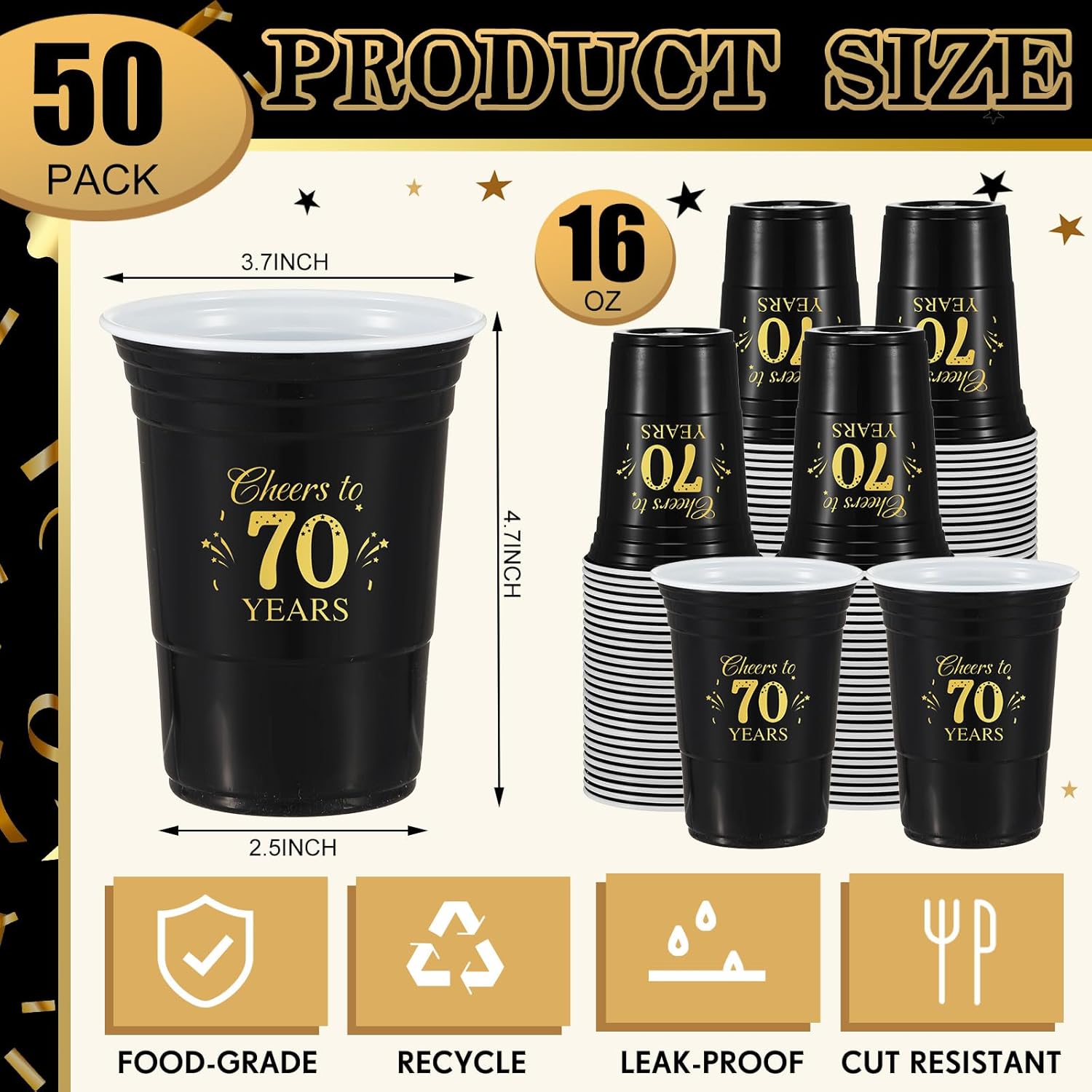 50 Pack 16 oz Gold and Black 70th Birthday Cups