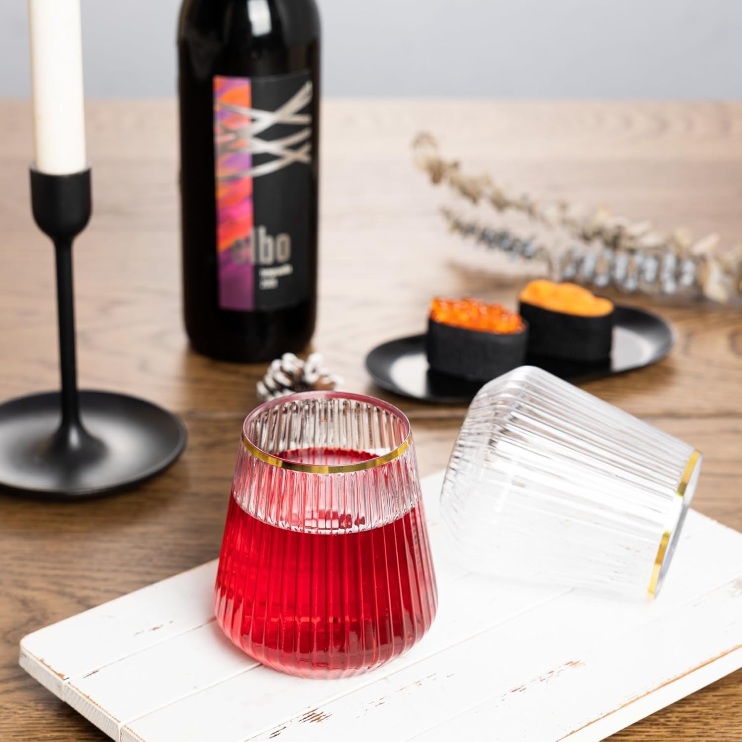 N9R 24 Pack Clear Plastic Wine Cups with Gold Rim