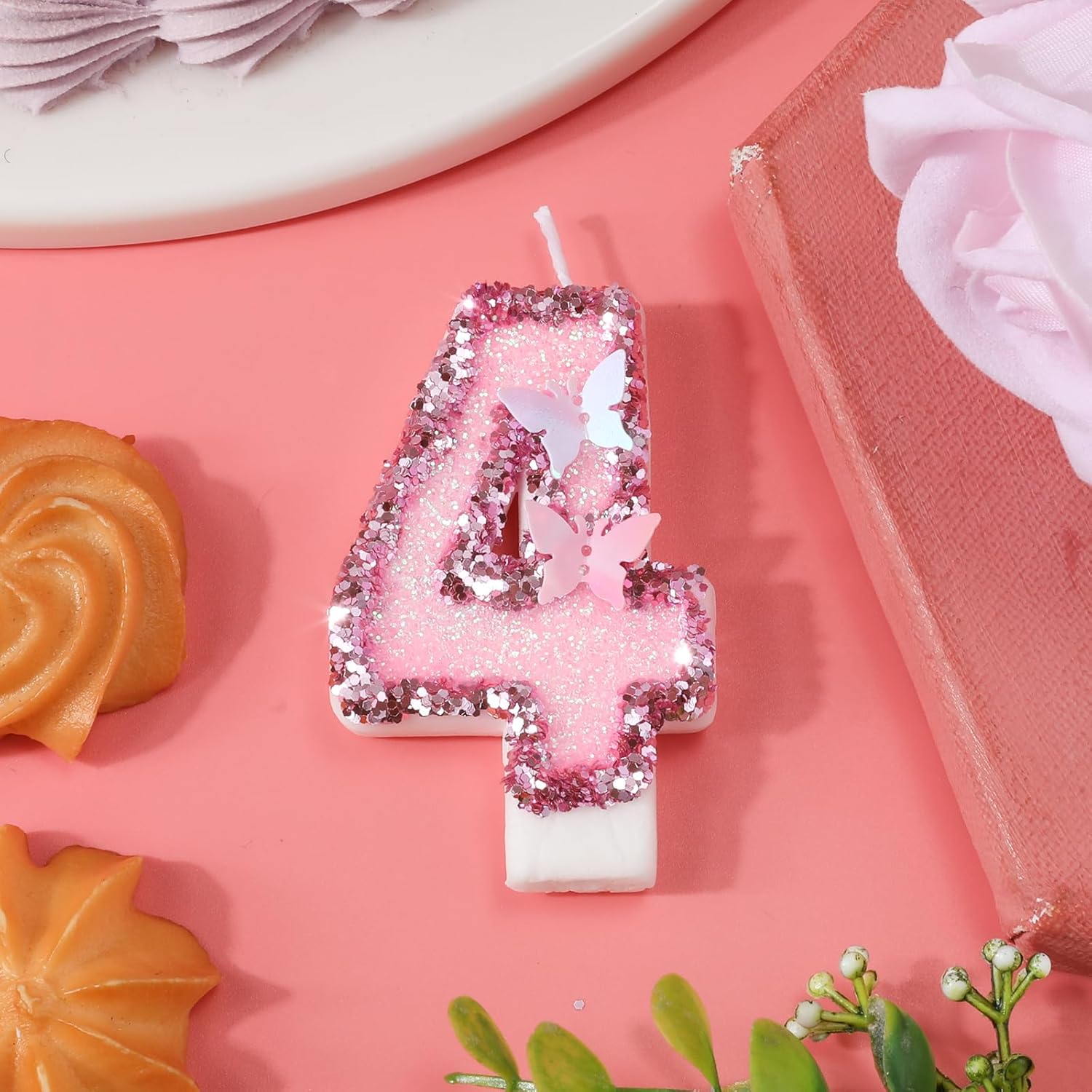 SAVITA 27 Inch Pink Number Candles with Butterfly Sequins - Number 4