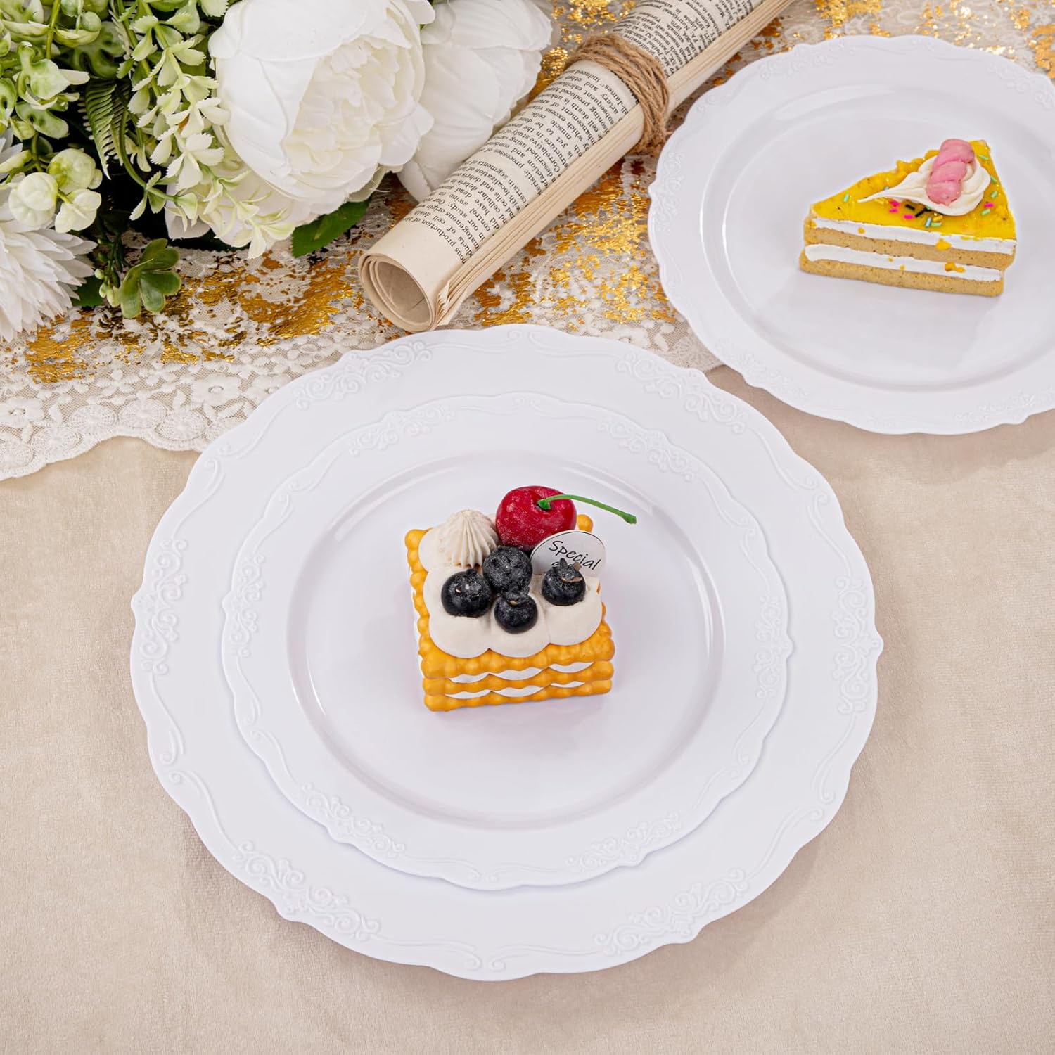 U-QE 100 Piece White Disposable Plates - Premium Hard Plastic for Events