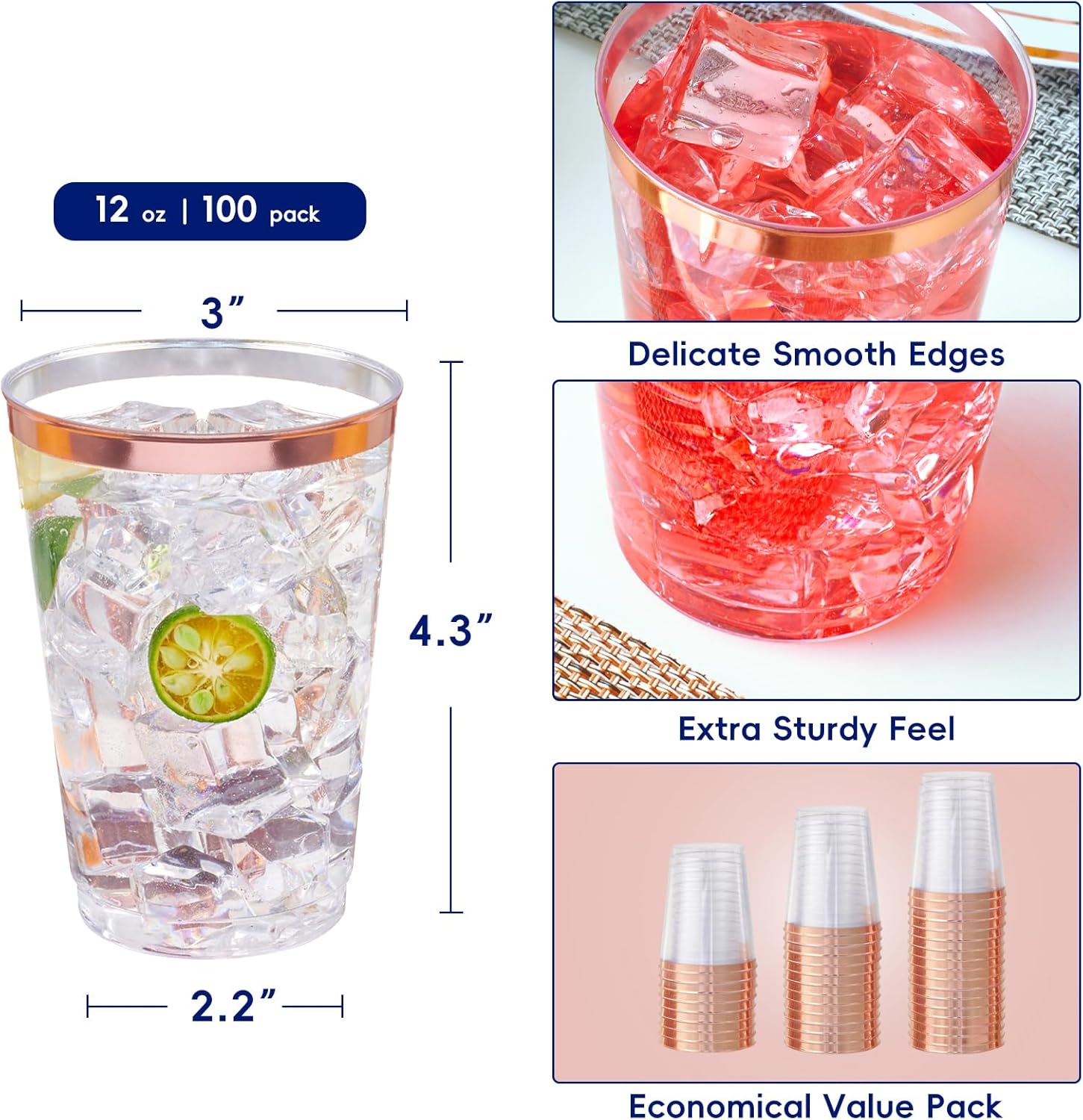 JOLLY CHEF 100 Pack Rose Gold Rim Disposable Cups