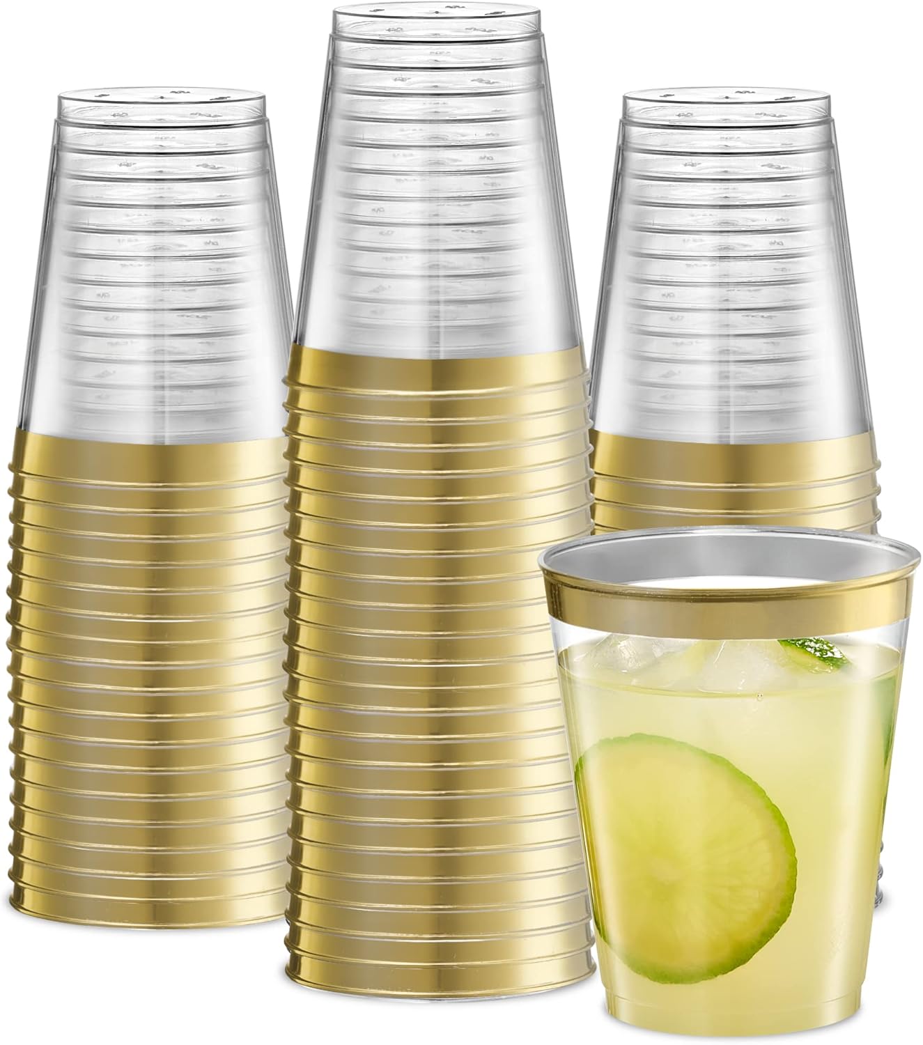 Disposable 8 oz Crystal Clear Plastic Tumblers With Gold Rim Pack of 50