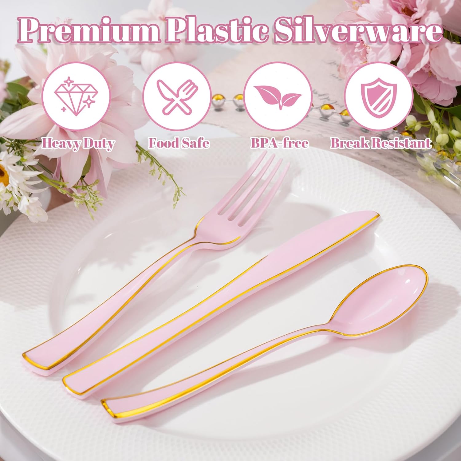 180 Piece Pink Plastic Silverware Set with Gold