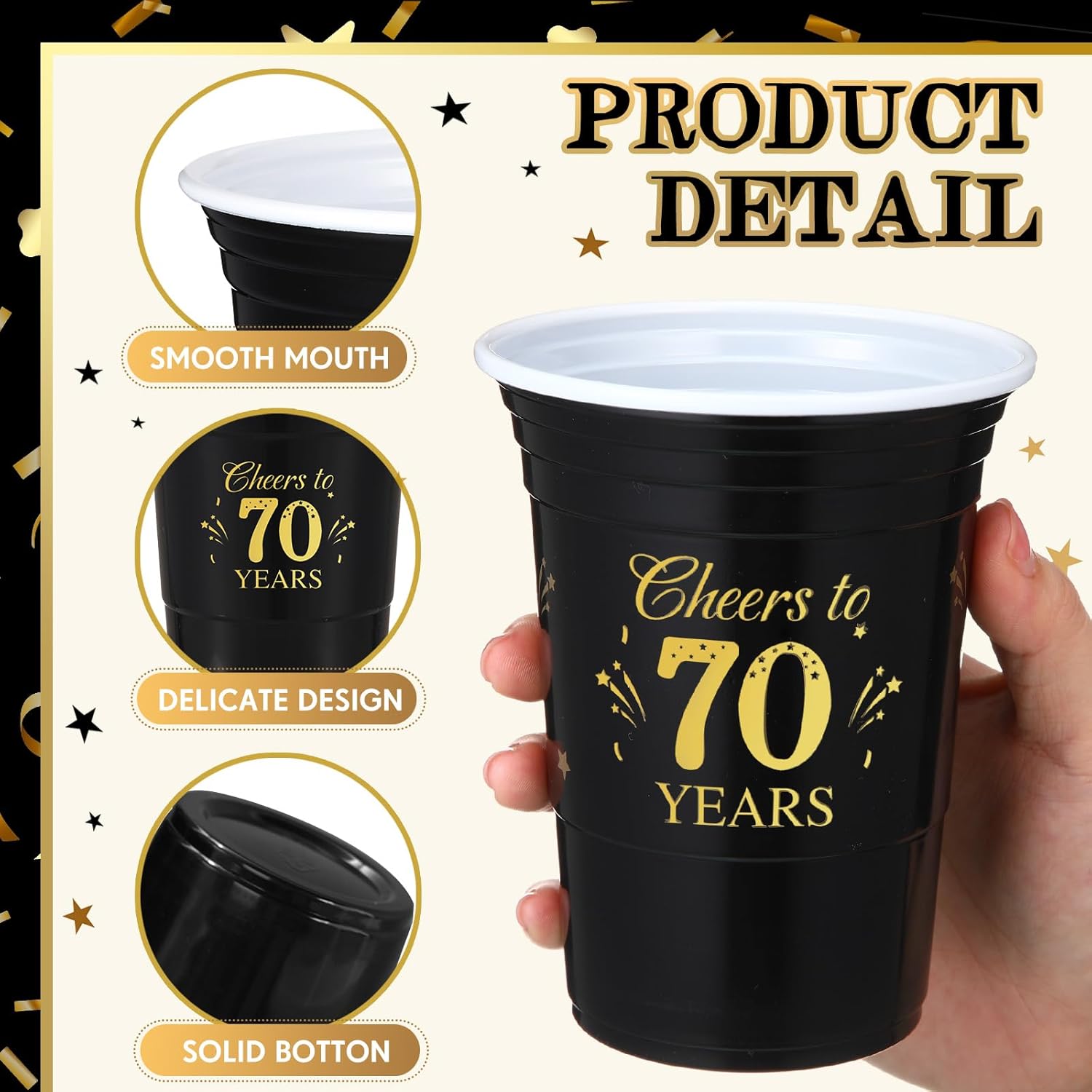 50 Pack 16 oz Gold and Black 70th Birthday Cups