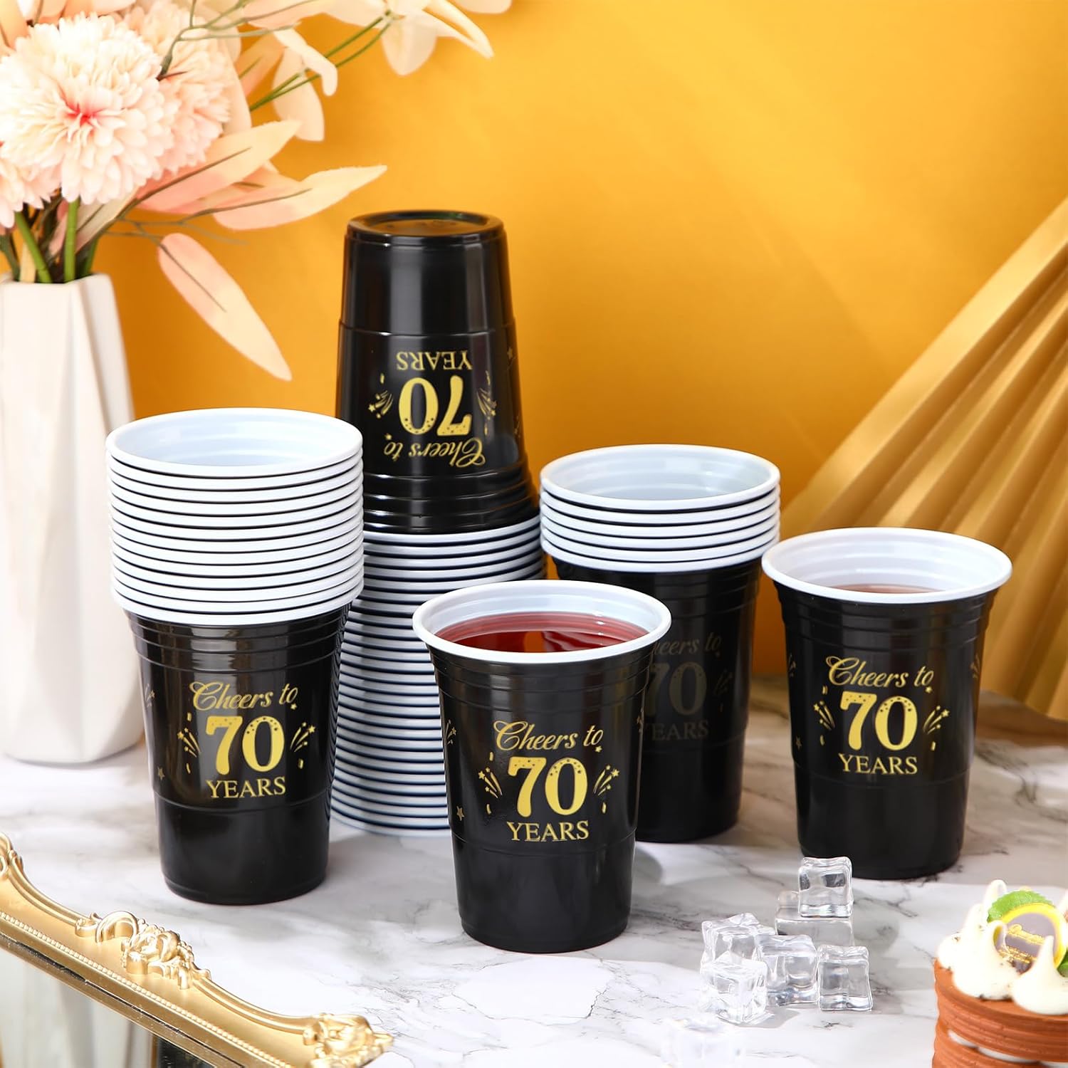 50 Pack 16 oz Gold and Black 70th Birthday Cups