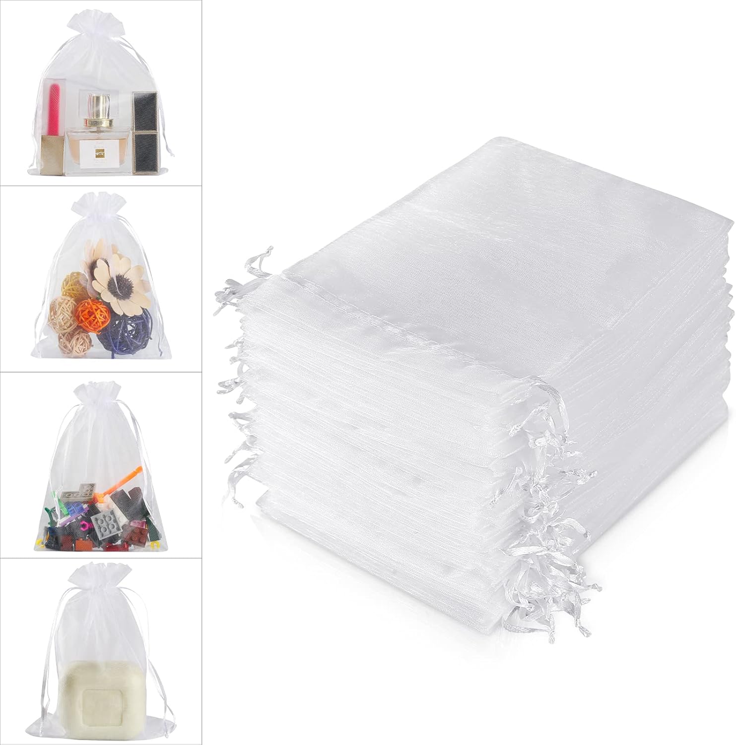 WenTao 100PCS 4x6 White Sheer Organza Bags with Drawstring