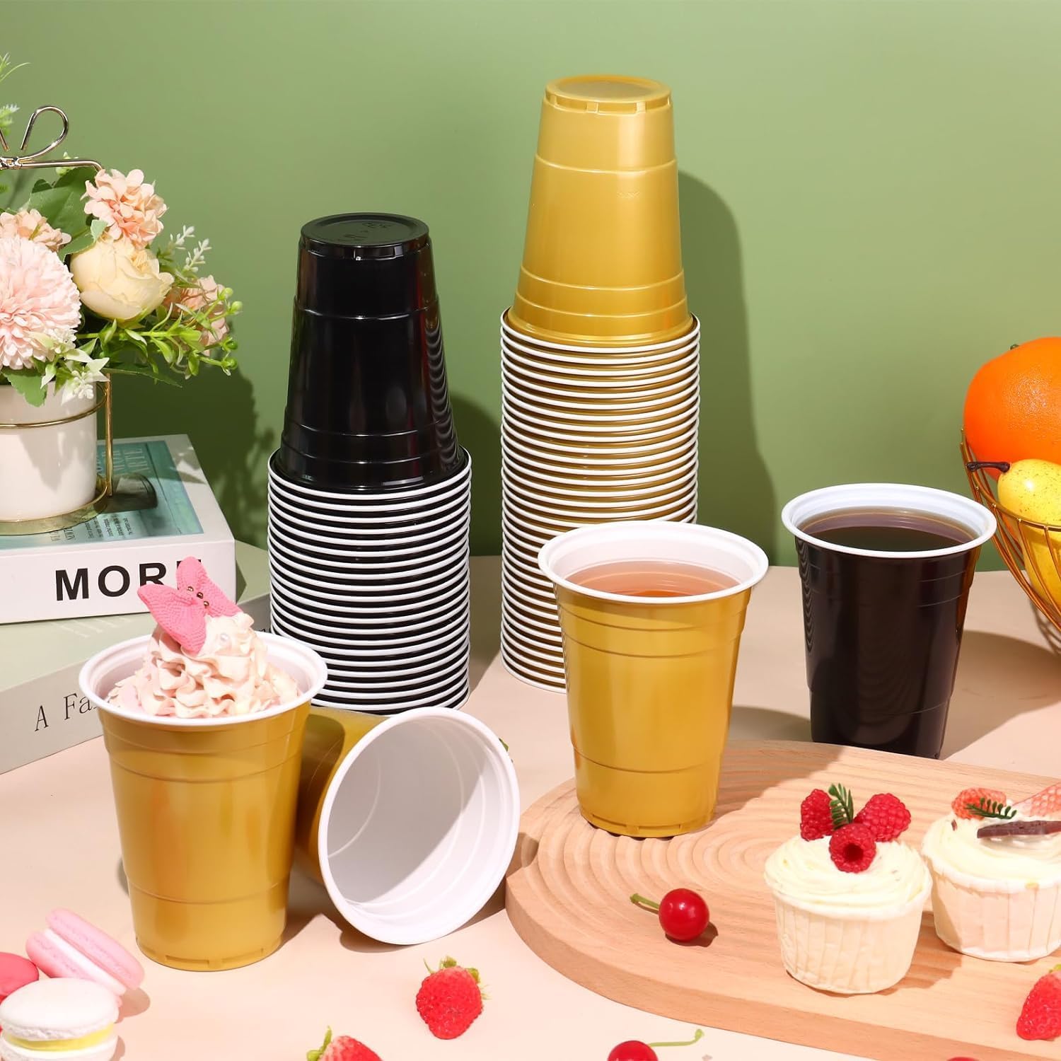 KesaPlan 100PCS 16 oz Plastic Party Cups Black Gold