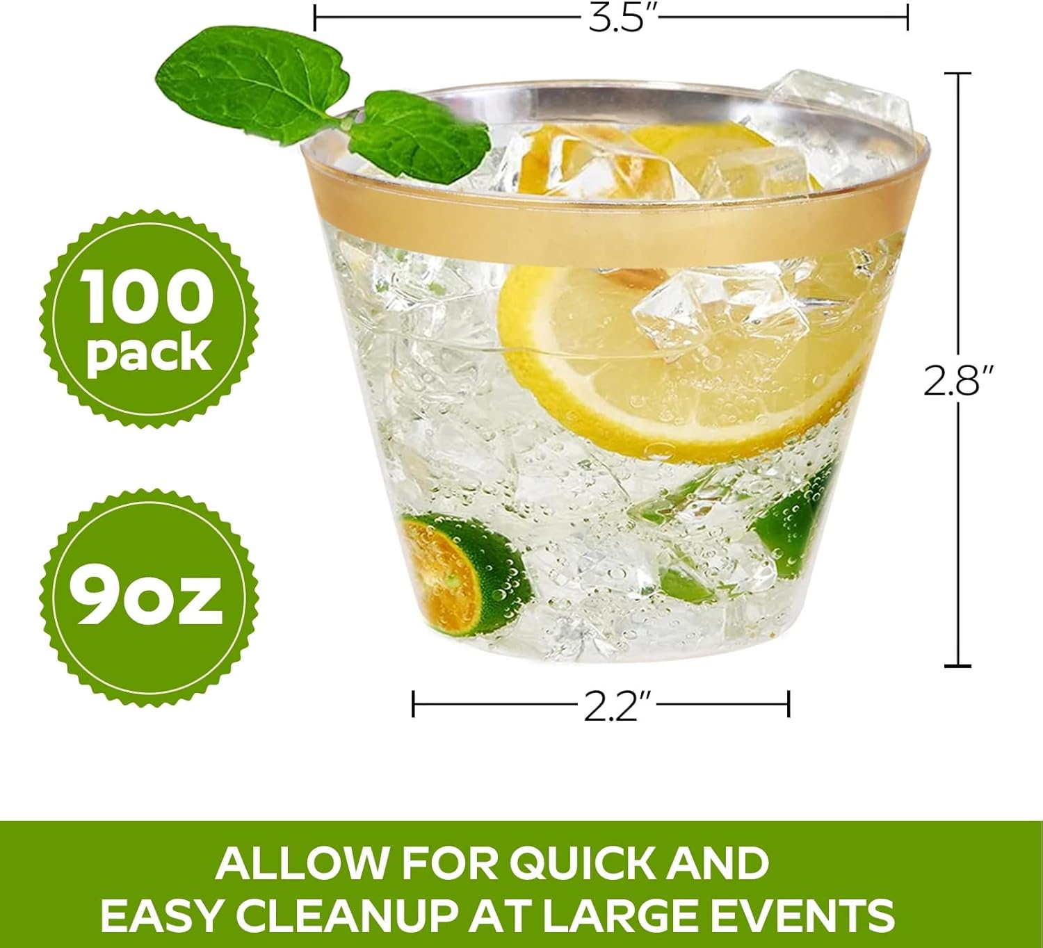 Tobvory 100 Pack Gold Rimmed Plastic Cups 9 oz