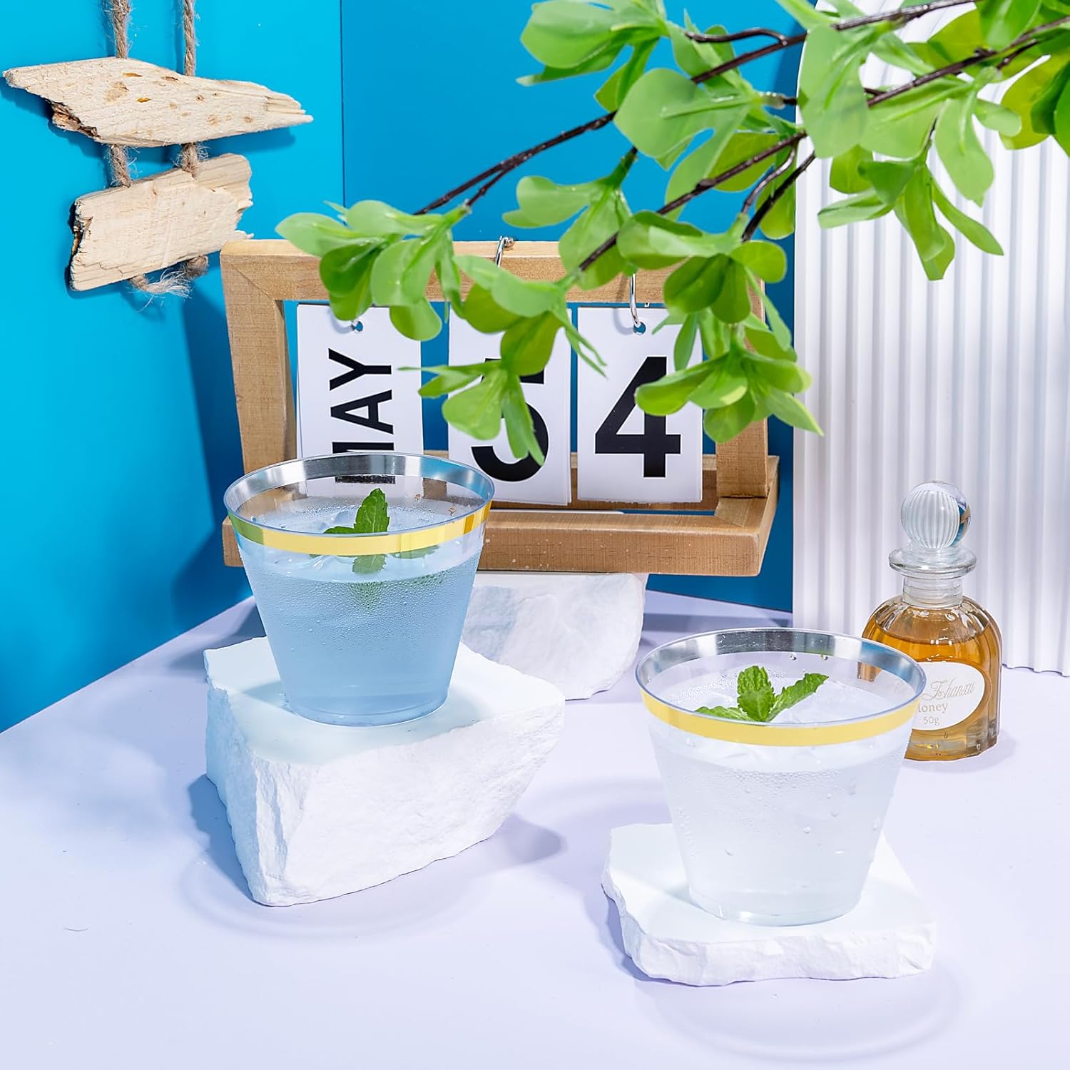 Hioasis 200Pcs 9OZ Clear Cups with Gold Trim