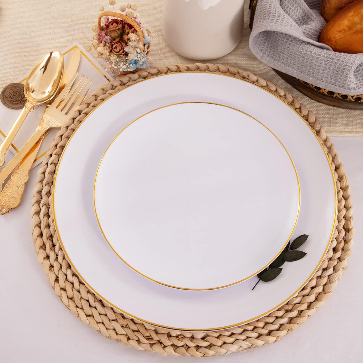 KIRE 100PCS Disposable Plates - White with Gold Rim for Party and Wedding