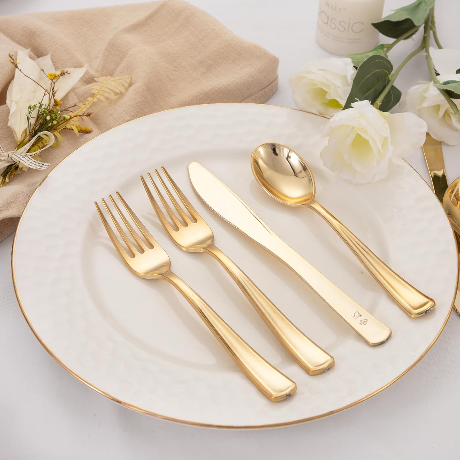 WDF 500PCS Gold Plastic Cutlery Set - Forks Spoons Knives for Events