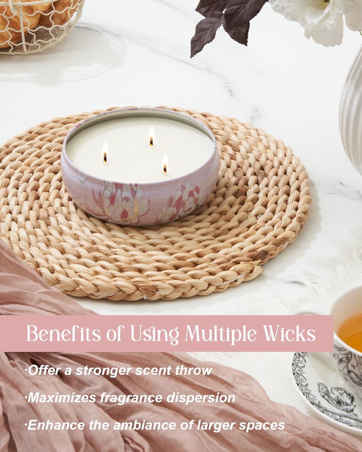 MSENSE Soy Scented Candles with 3 Wicks 12oz 40 Hours Burn