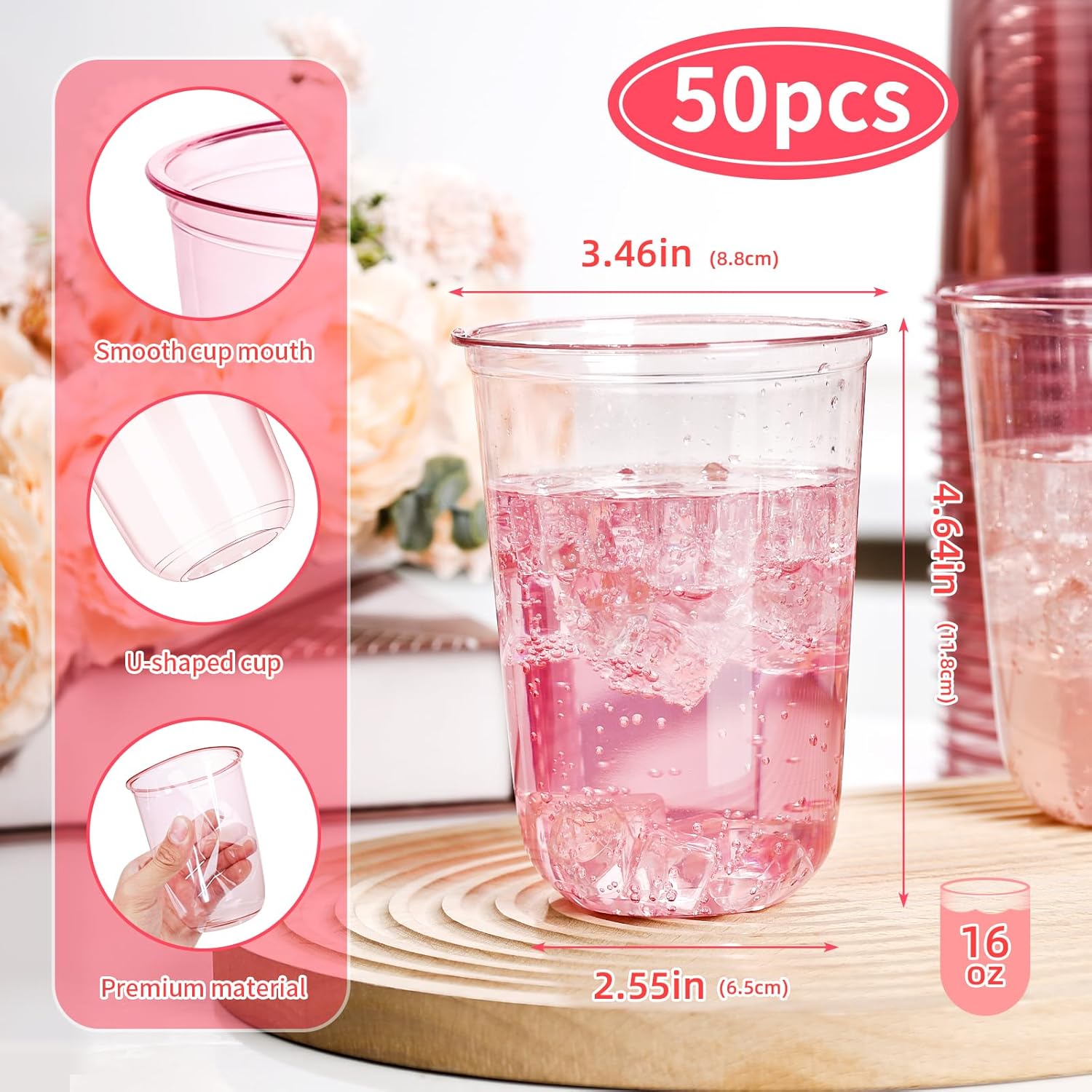 KesaPlan 50 Pcs Pink Plastic Cups 16oz