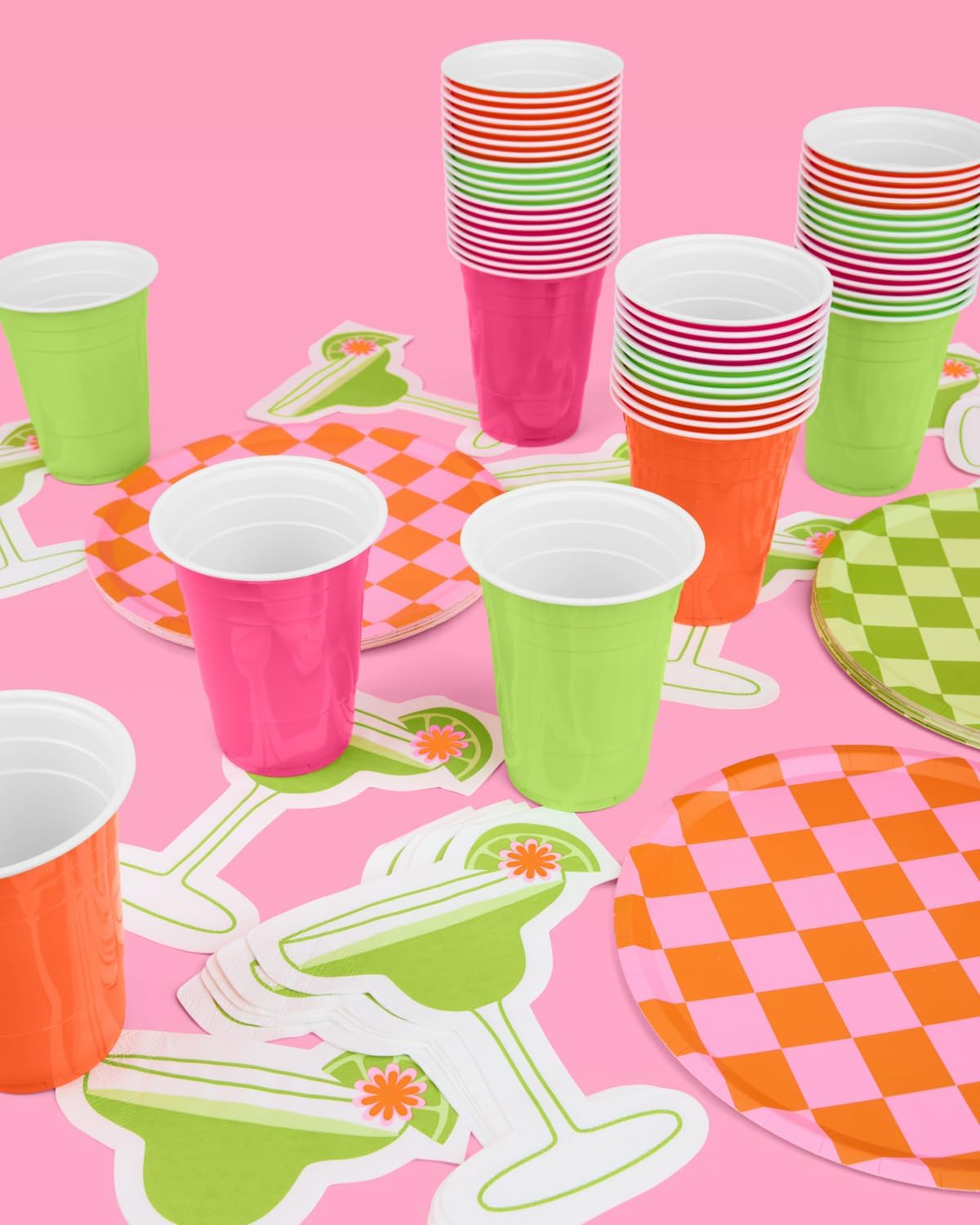 XO Fetti Pink Orange Green 16 oz Plastic Cups - 50 Piece Set