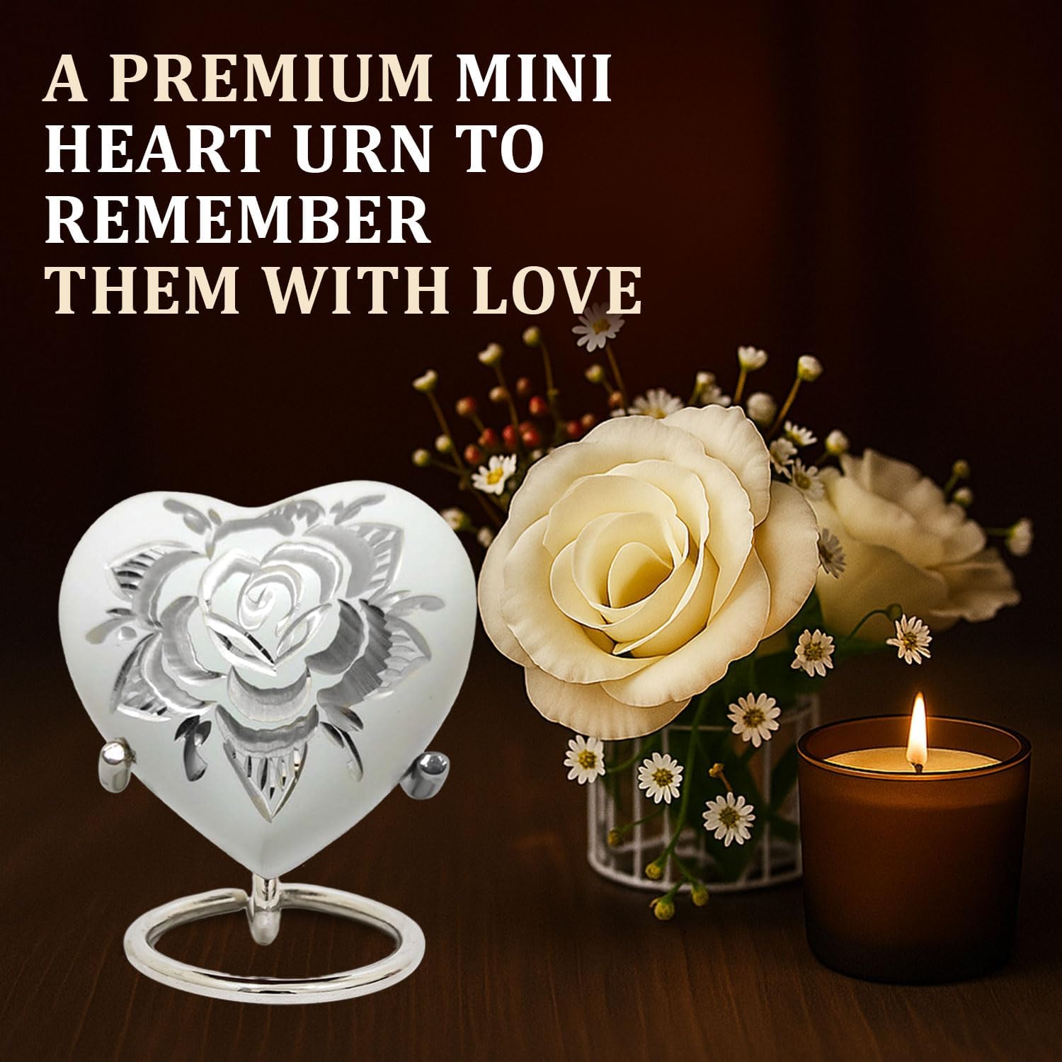 Mini Urns for Human Ashes - Heart-Shaped Keepsake Urn with Rose Engraving