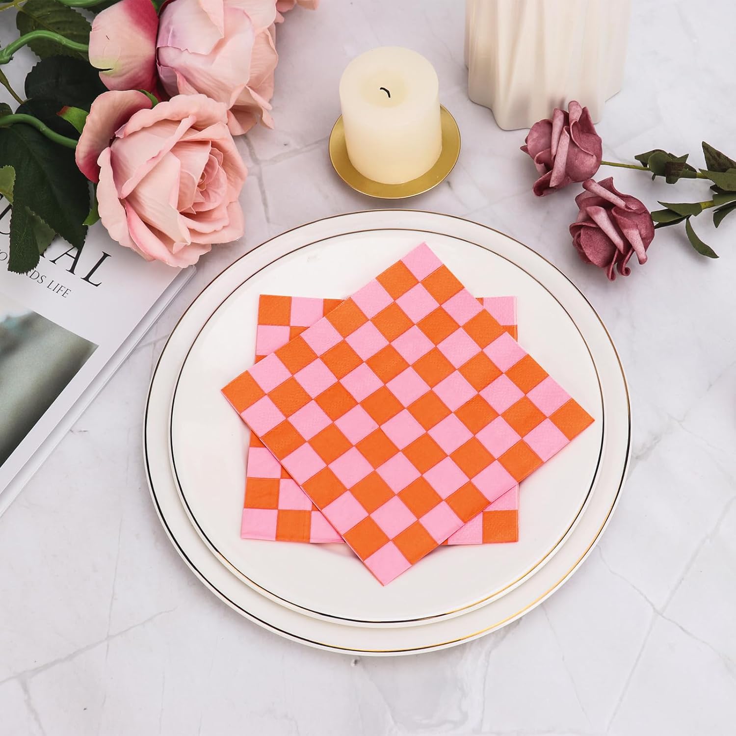 100 Pcs Plaid Paper Napkins Pink Orange Party Use