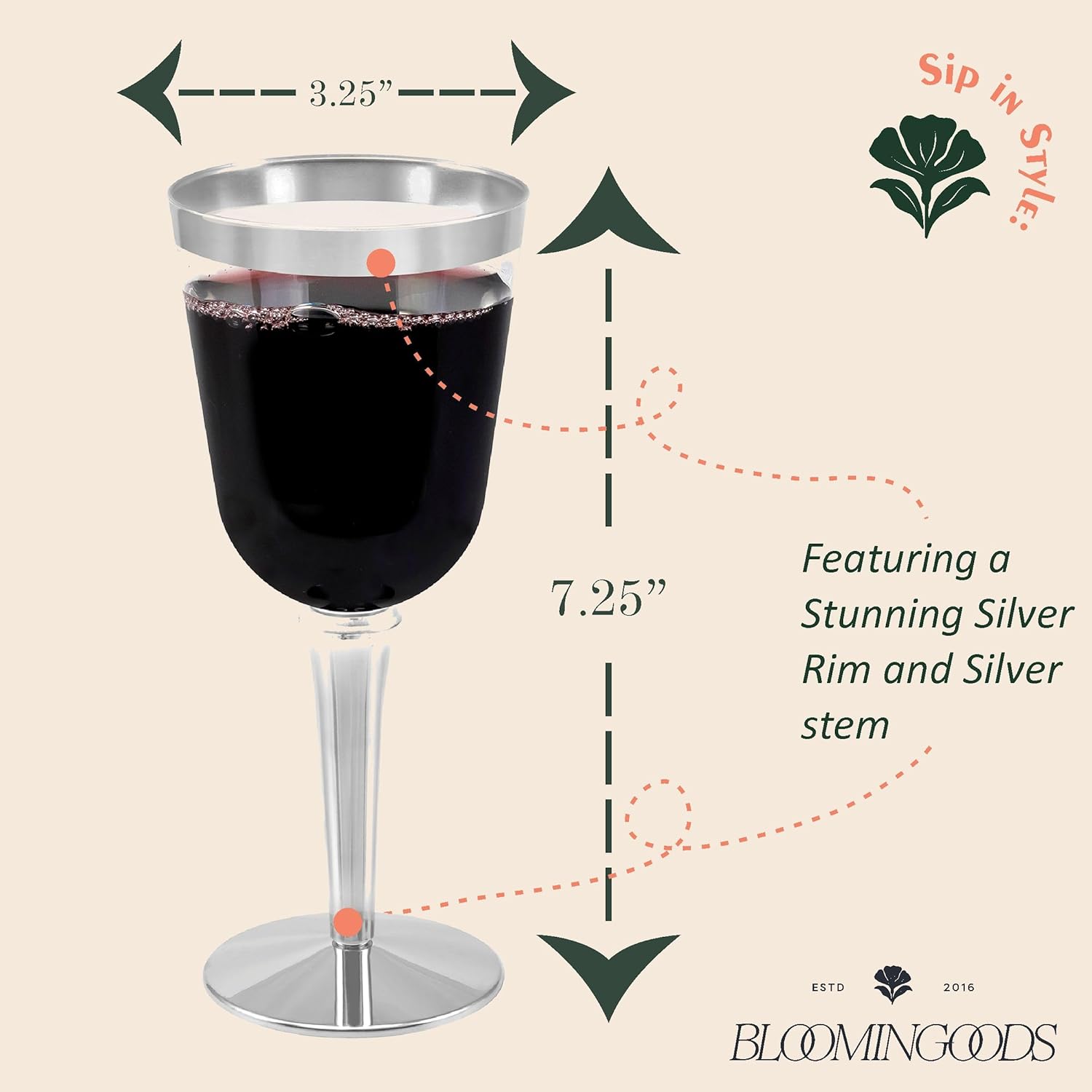 BloominGoods 50 Silver Rimmed Plastic Wine Glasses 10 oz Pack