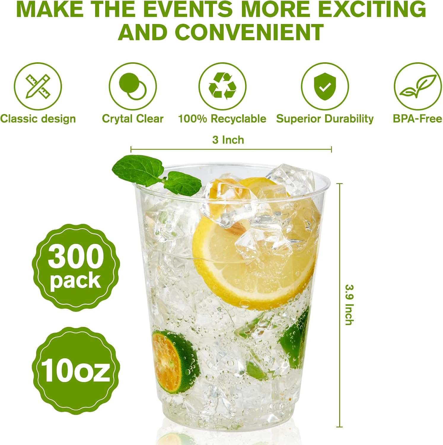 JollyPack 300 Pack Clear Plastic Cups 10 Oz Heavy Duty