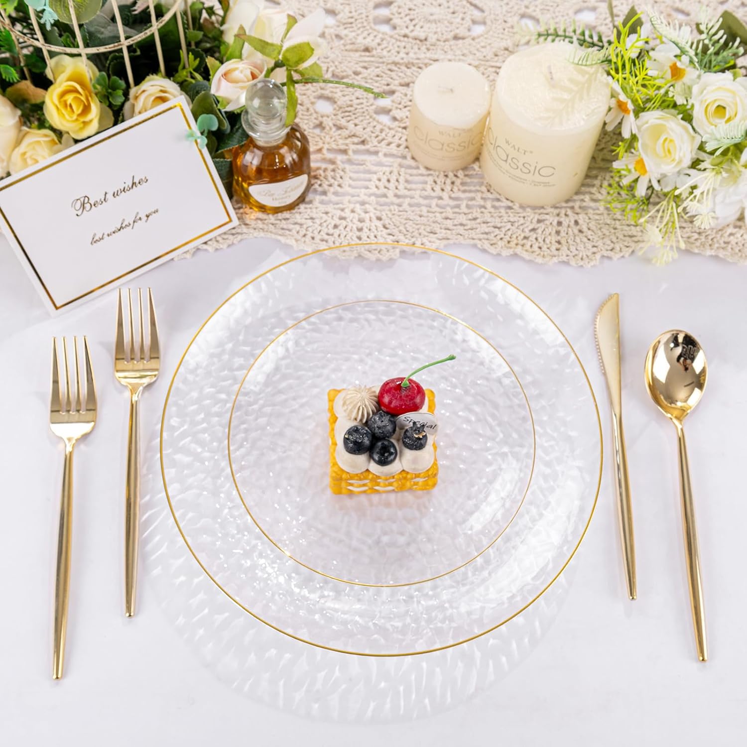 Rubtlamp 100Pcs Clear Gold Plastic Plates Set