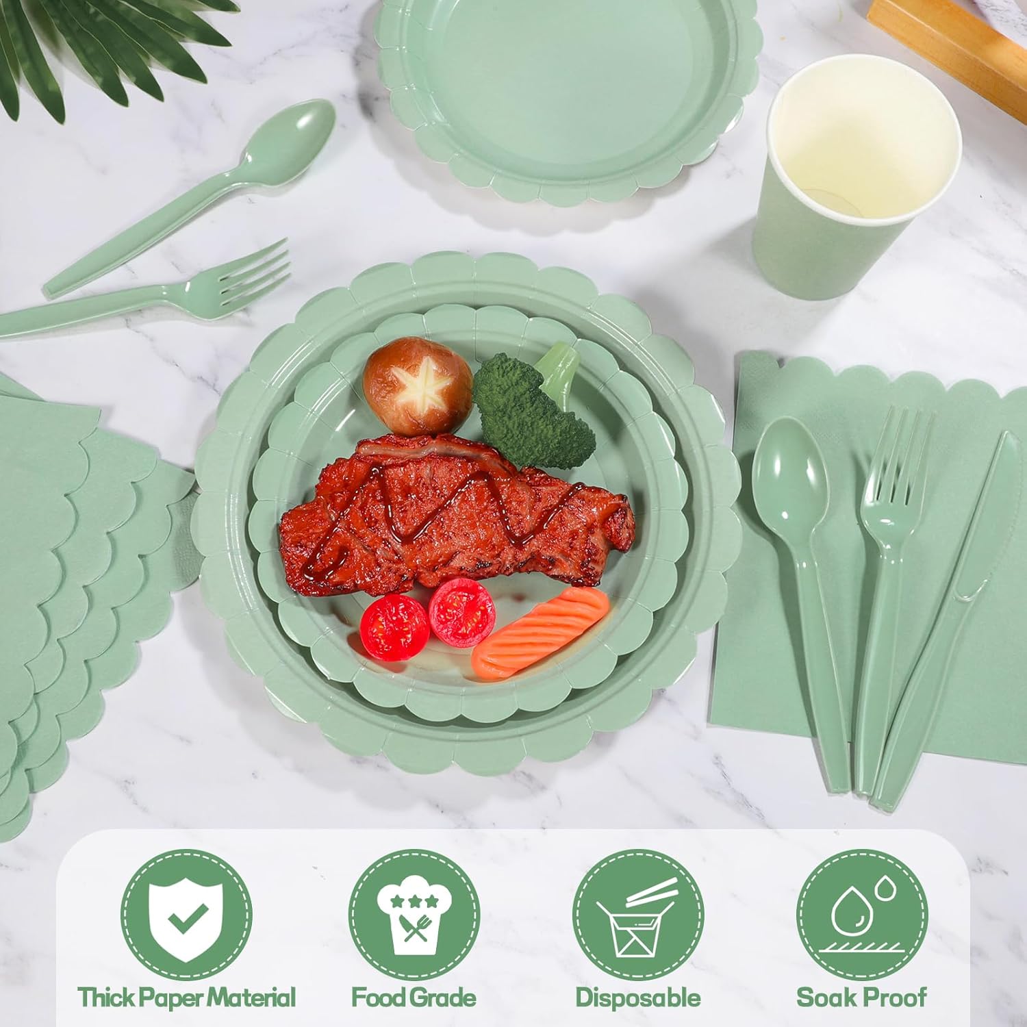 175 Pcs Sage Green Paper Plates and Napkins Set