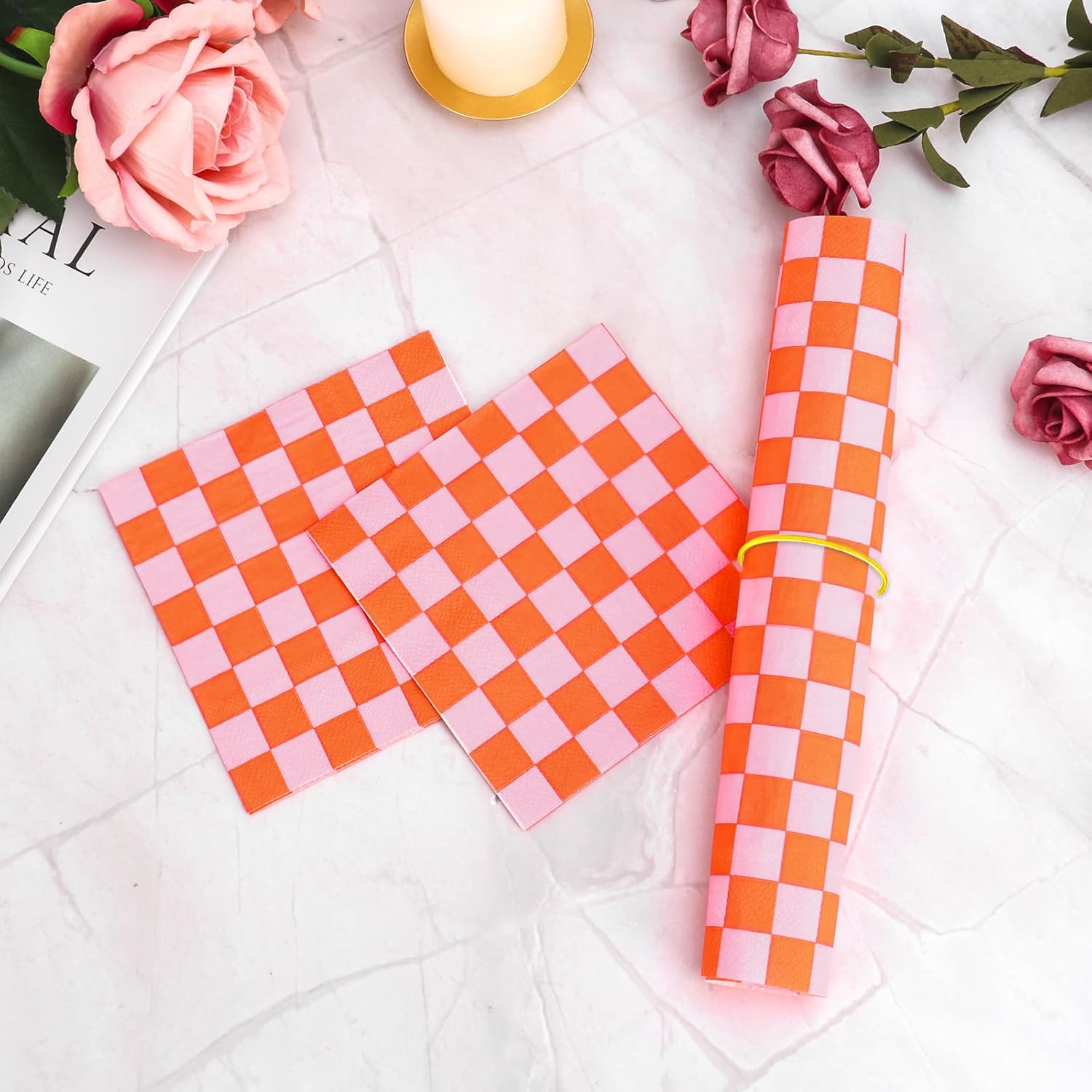 100 Pcs Plaid Paper Napkins Pink Orange Party Use