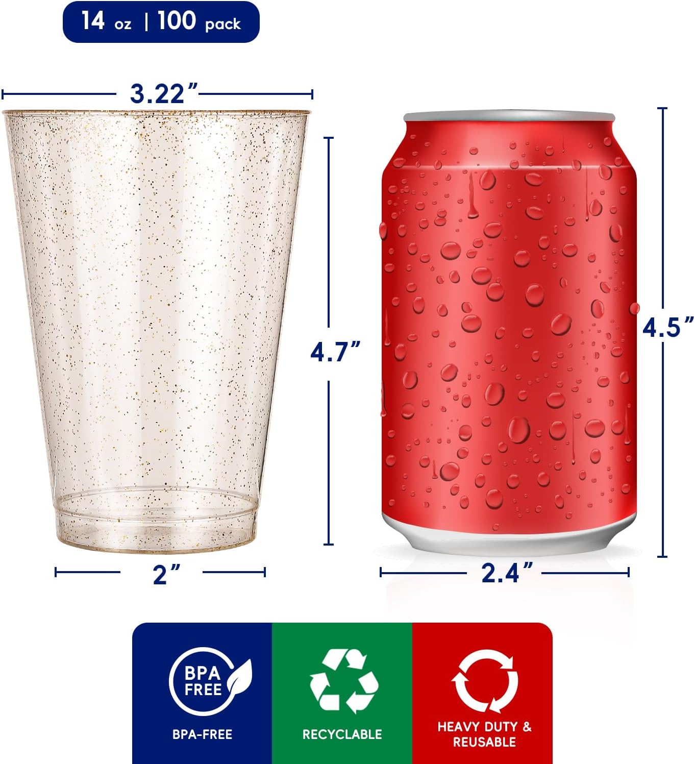 JOLLY CHEF 100 Pack 14 oz Gold Glitter Plastic Cups