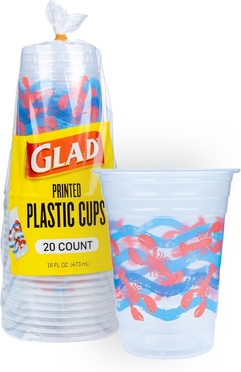 Glad Everyday Clear Plastic Cups with Lobster Waves Design 16 Oz 20 Count