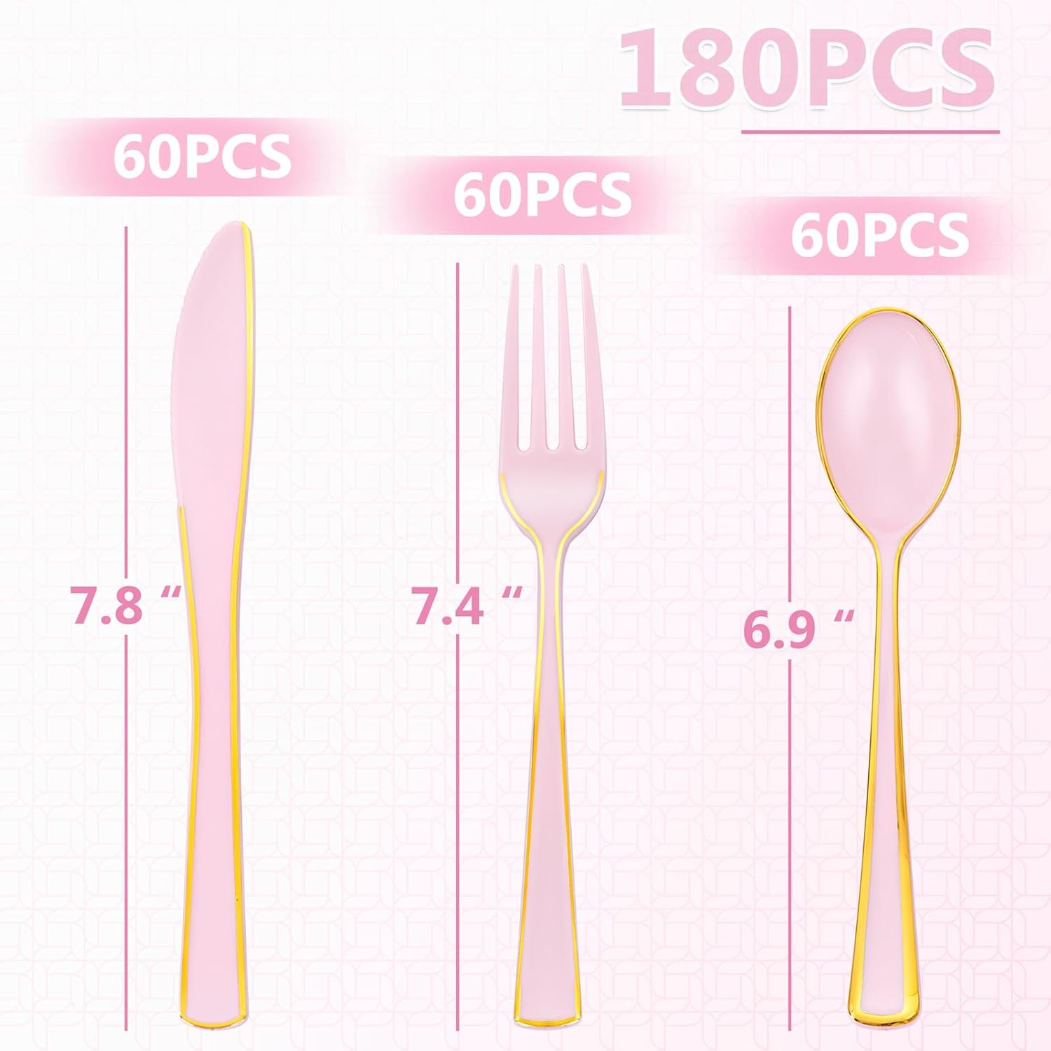 180 Piece Pink Plastic Silverware Set with Gold