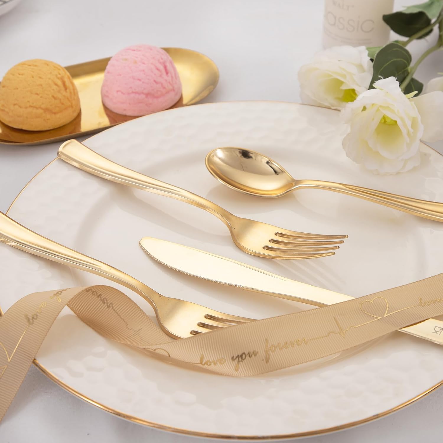WDF 500PCS Gold Plastic Cutlery Set - Forks Spoons Knives for Events