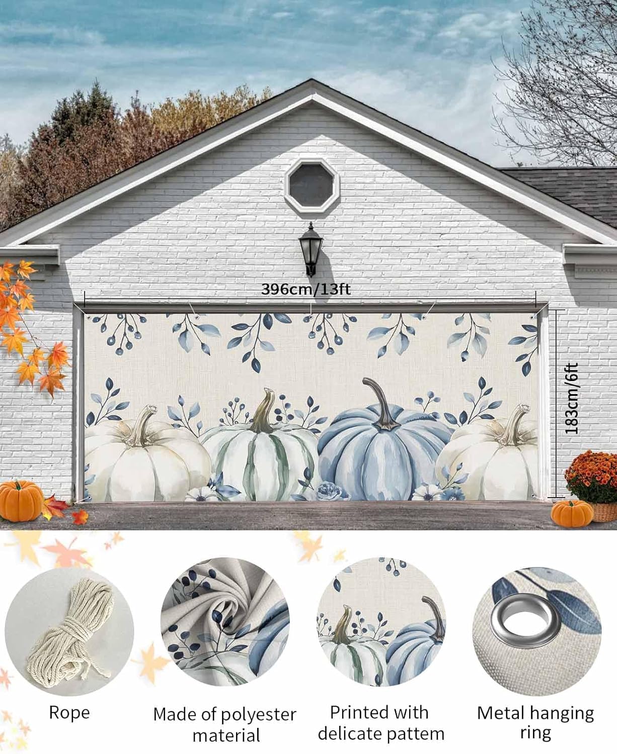 Fall Garage Door Banner 7x8 ft Blue Pumpkin Eucalyptus Leaf