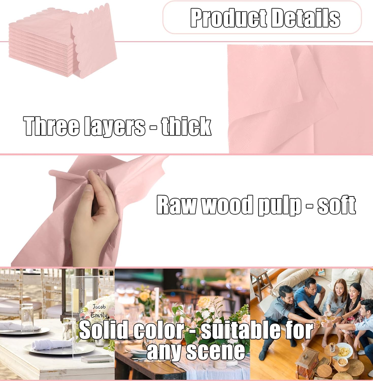 50 Pack 3-Ply Light Pink Cocktail Napkins