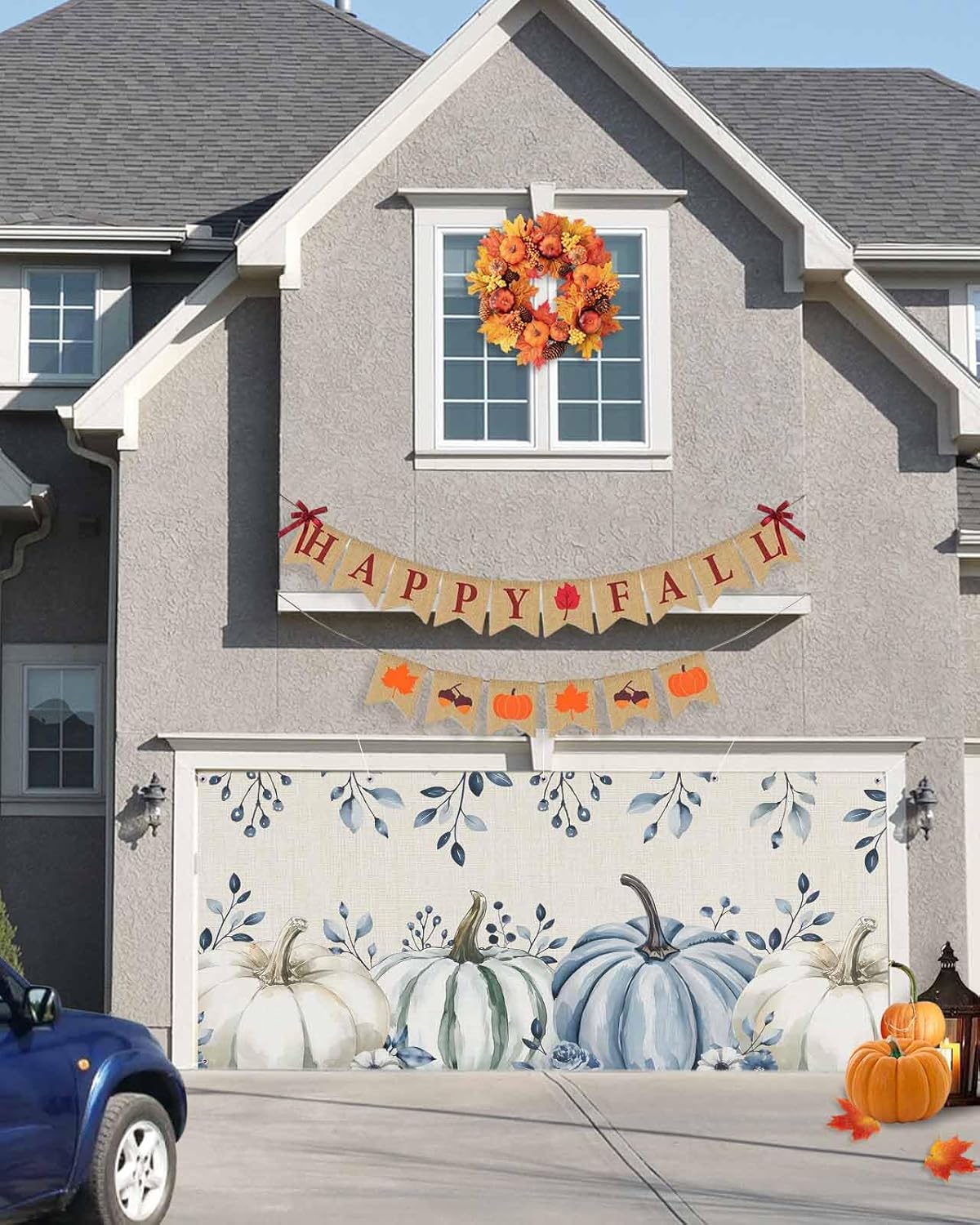 Fall Garage Door Banner 7x8 ft Blue Pumpkin Eucalyptus Leaf