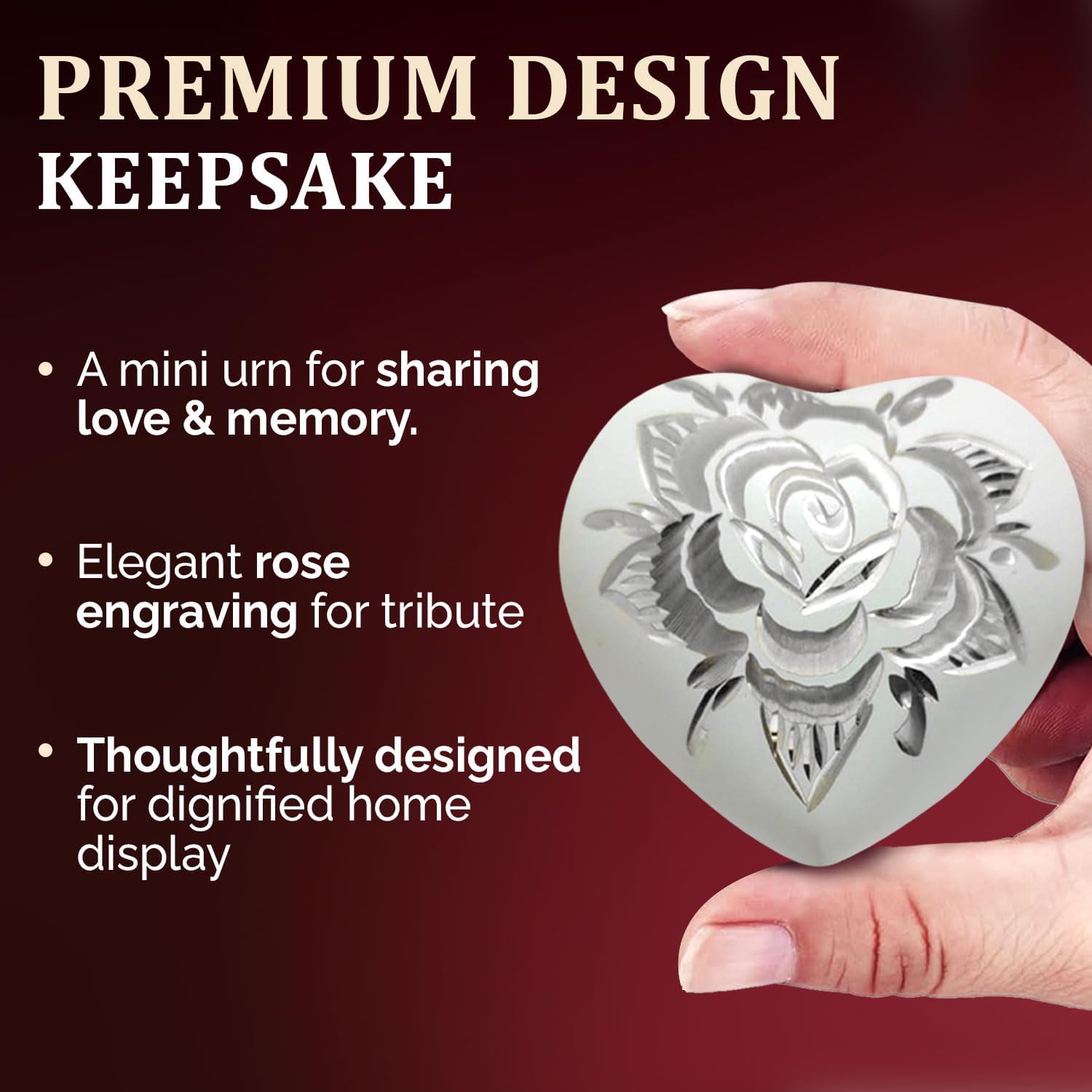 Mini Urns for Human Ashes - Heart-Shaped Keepsake Urn with Rose Engraving