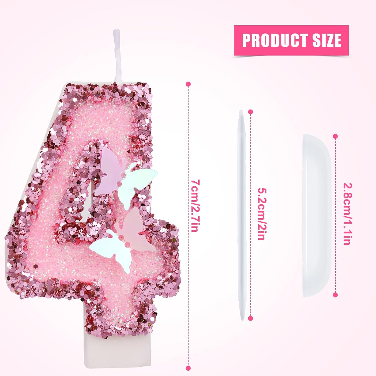 SAVITA 27 Inch Pink Number Candles with Butterfly Sequins - Number 4