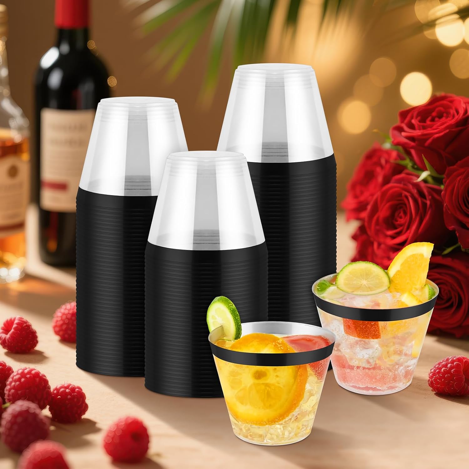 100pcs 9oz Elegant Black Rimmed Plastic Cups