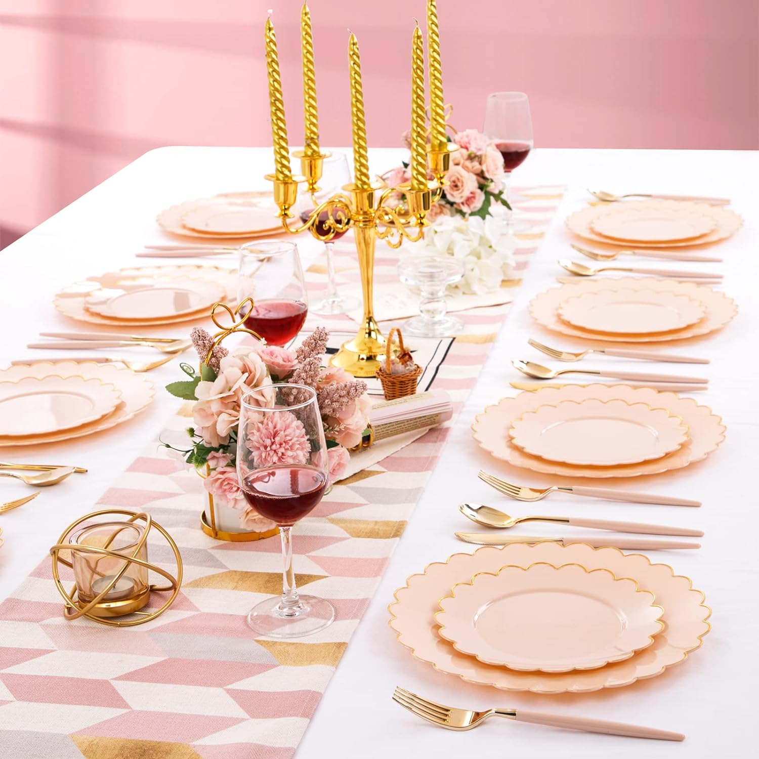 LIYH 60 Pcs Pink Gold Plastic Plate Set
