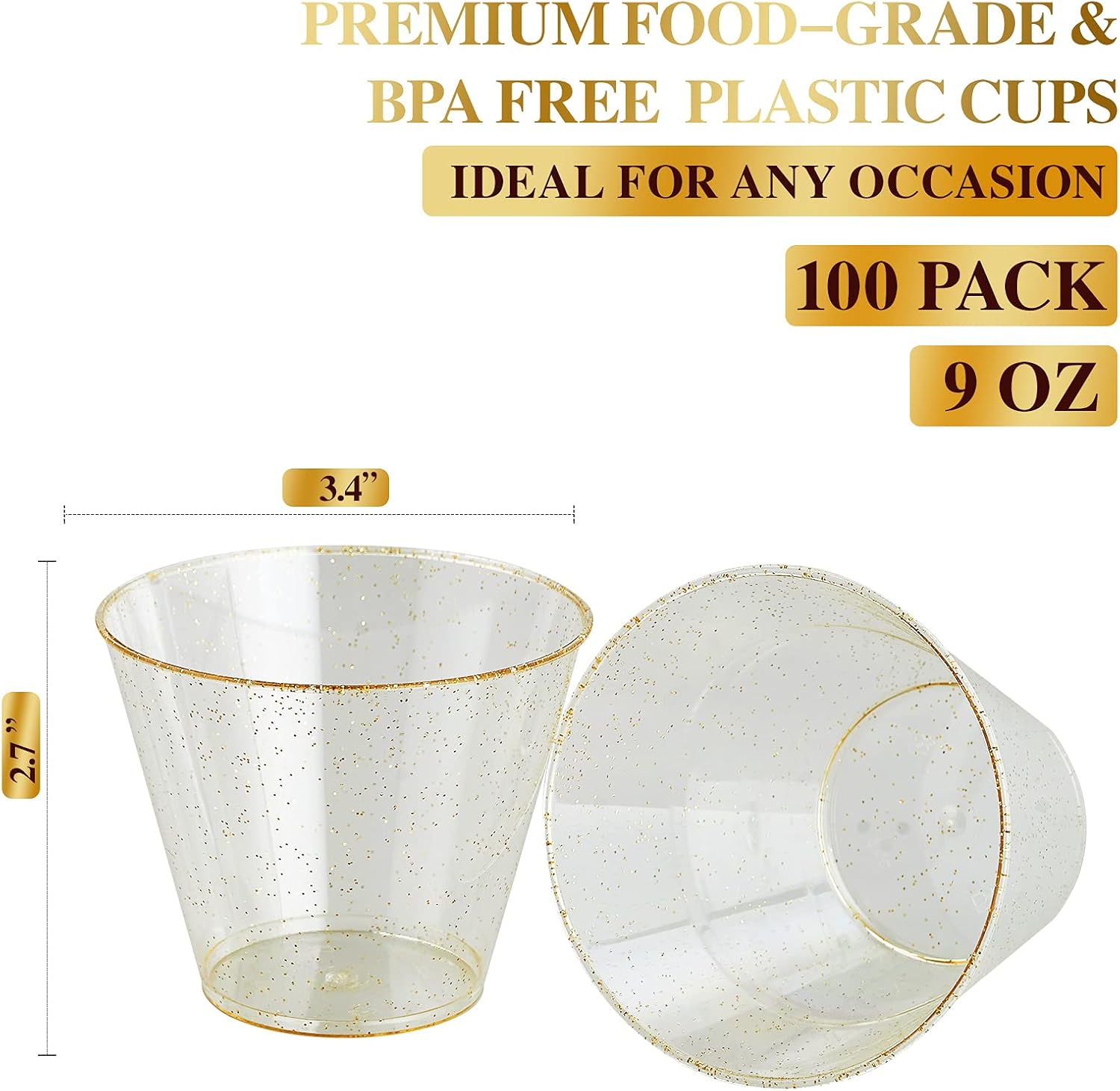 FOCUSLINE 9 oz Gold Glitter Plastic Cups 100 Count