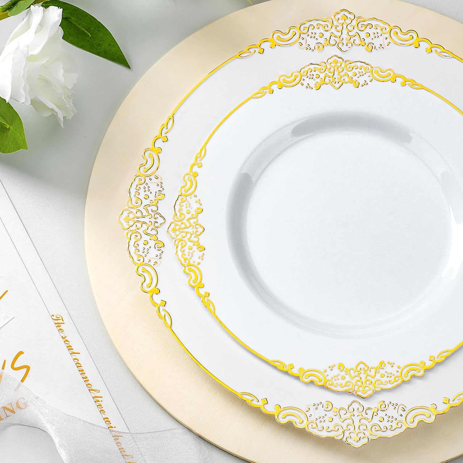 350PCS Gold Plastic Plates for 50 Guests Wedding Party Set