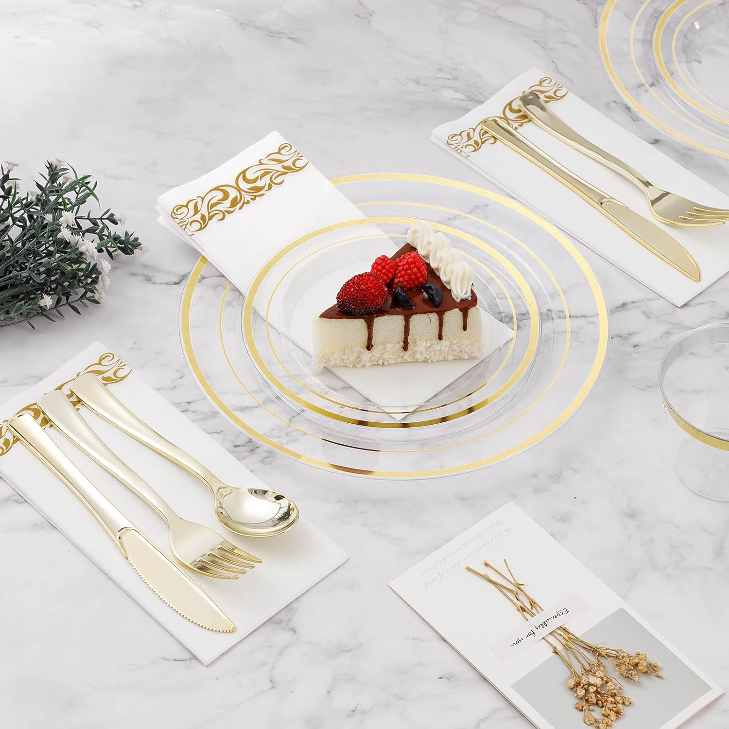 700PCS Clear Gold Disposable Dinnerware Set for 100 Guests