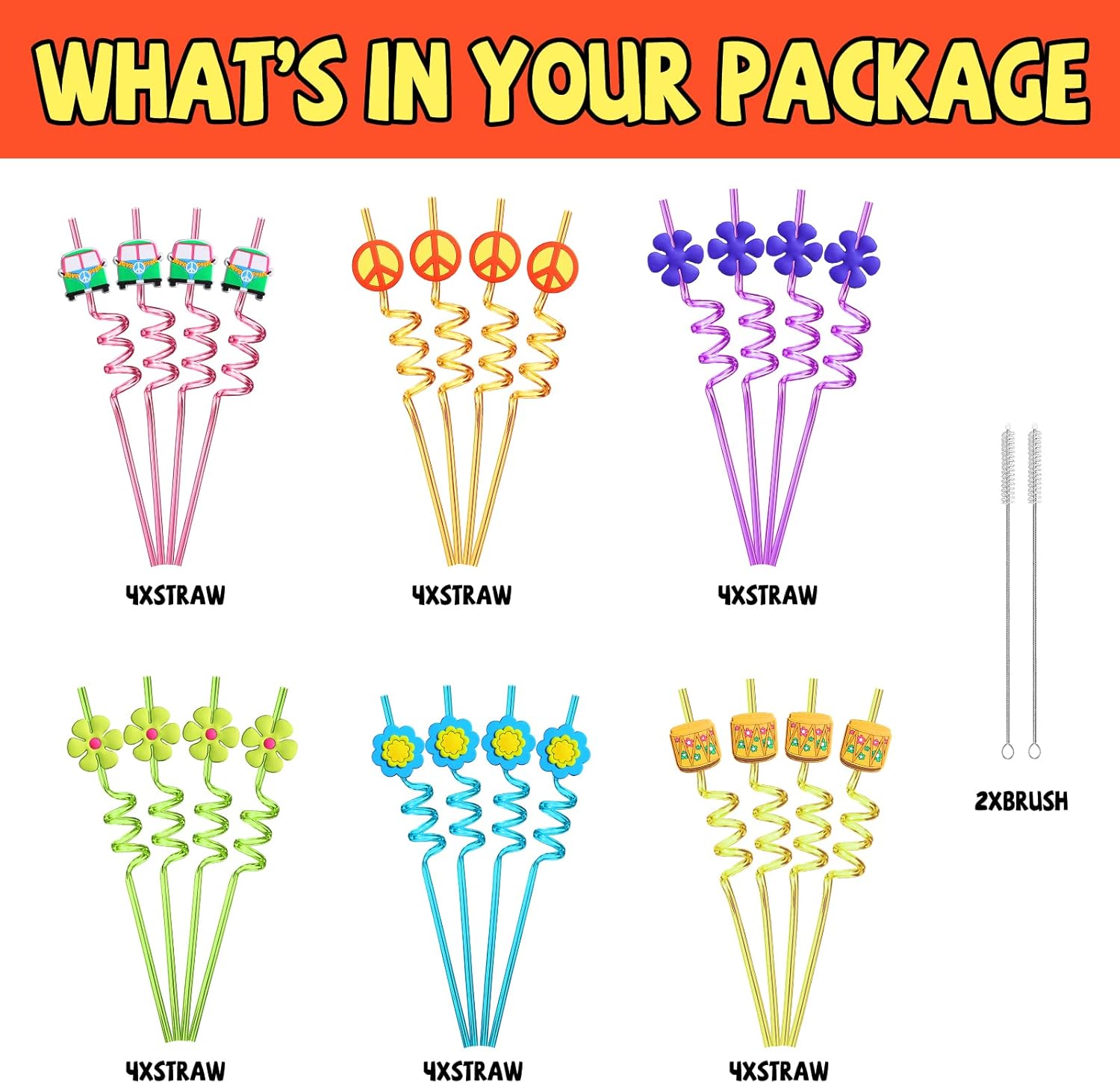 24 Piece 60s Hippie Party Straws with Tie Dye Design