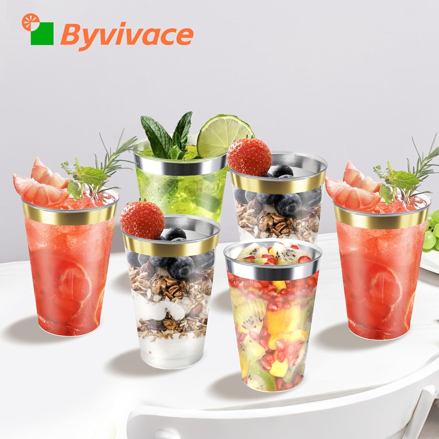 12oz Clear Plastic Cups with Gold Rim 100 Pack