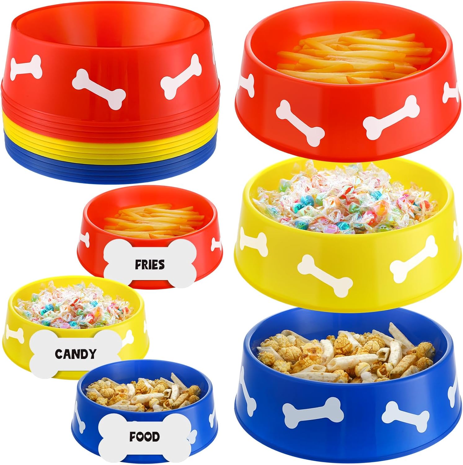 12 Piece Dog Paw Plastic Bowls Birthday Party Supplies Blue Yellow Red