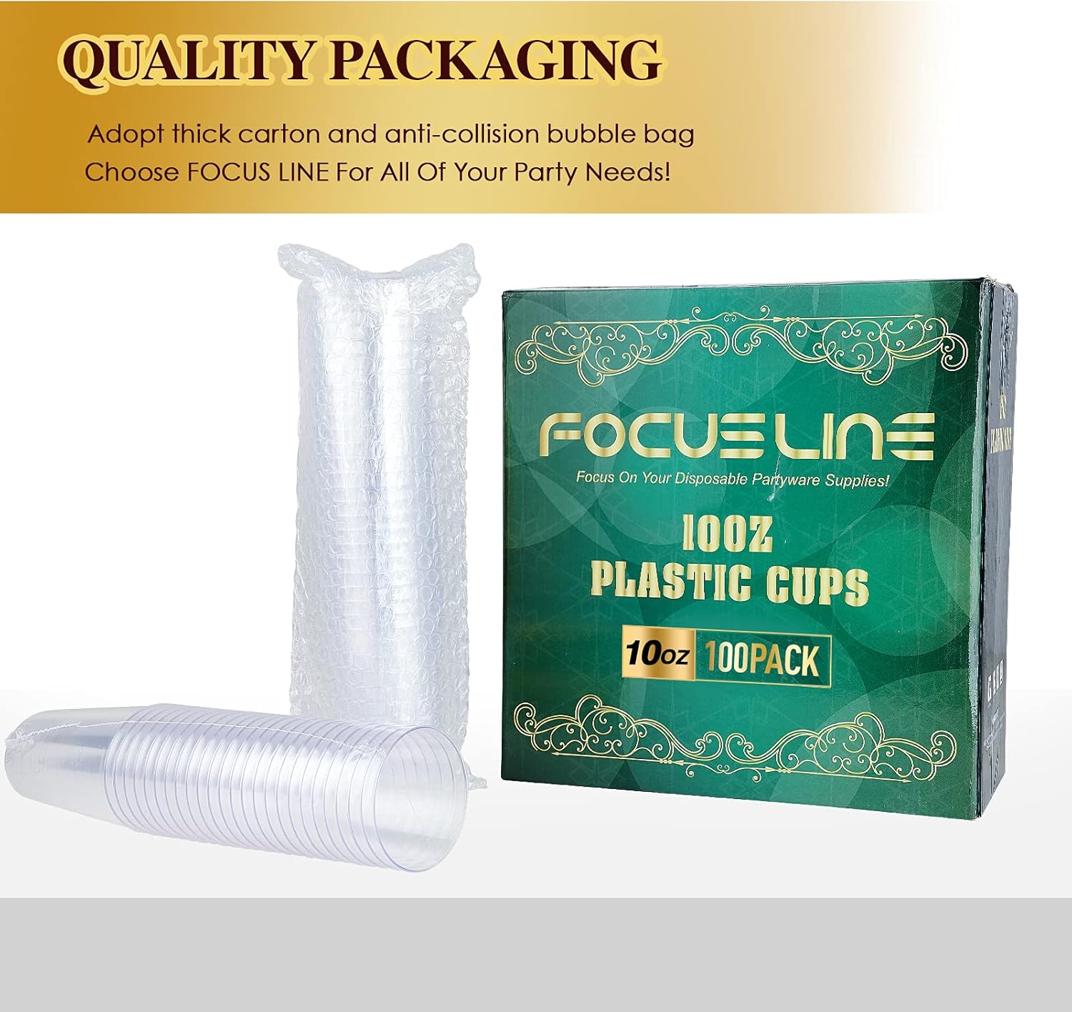 FOCUSLINE 10 Oz Clear Plastic Cups 100 Count