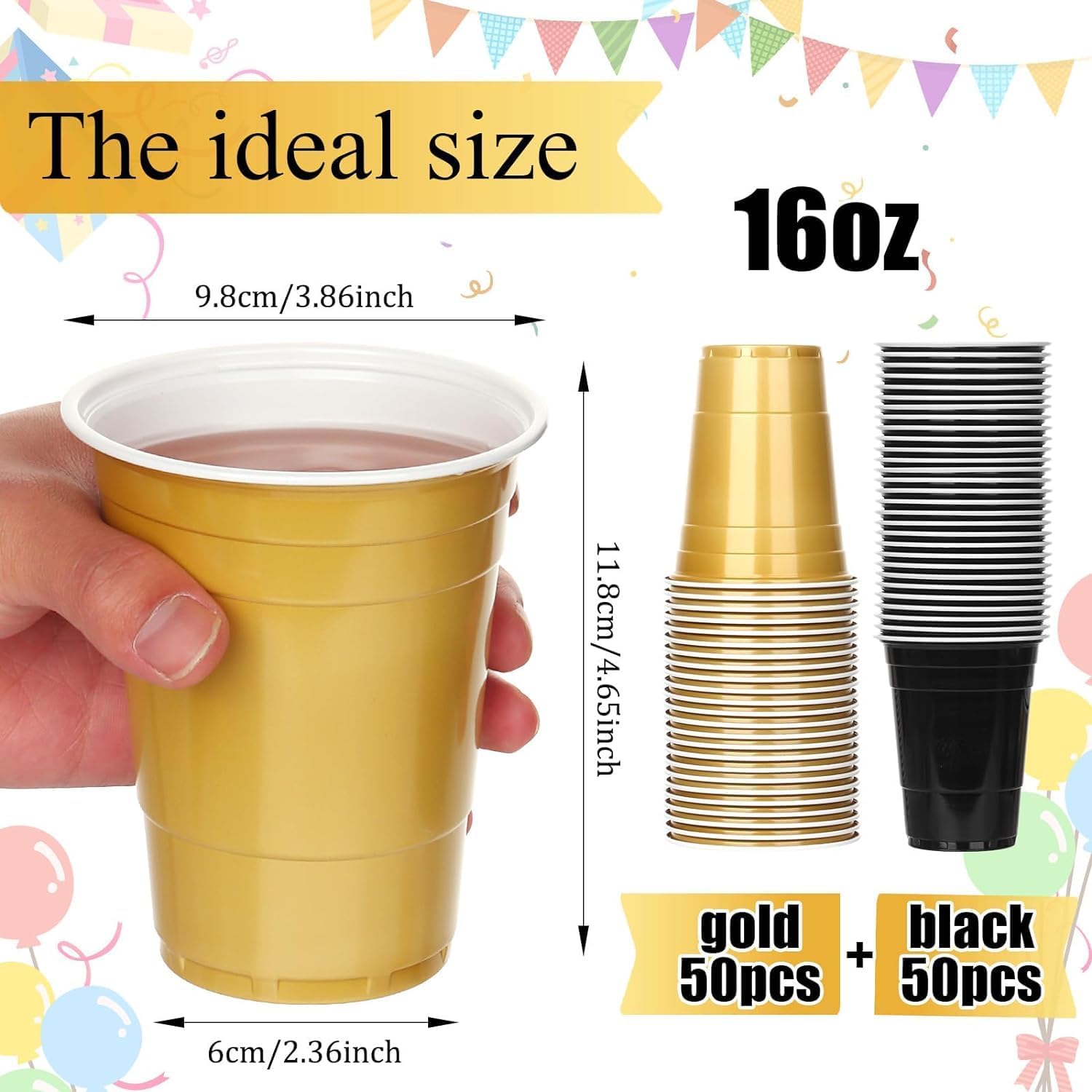 KesaPlan 100PCS 16 oz Plastic Party Cups Black Gold